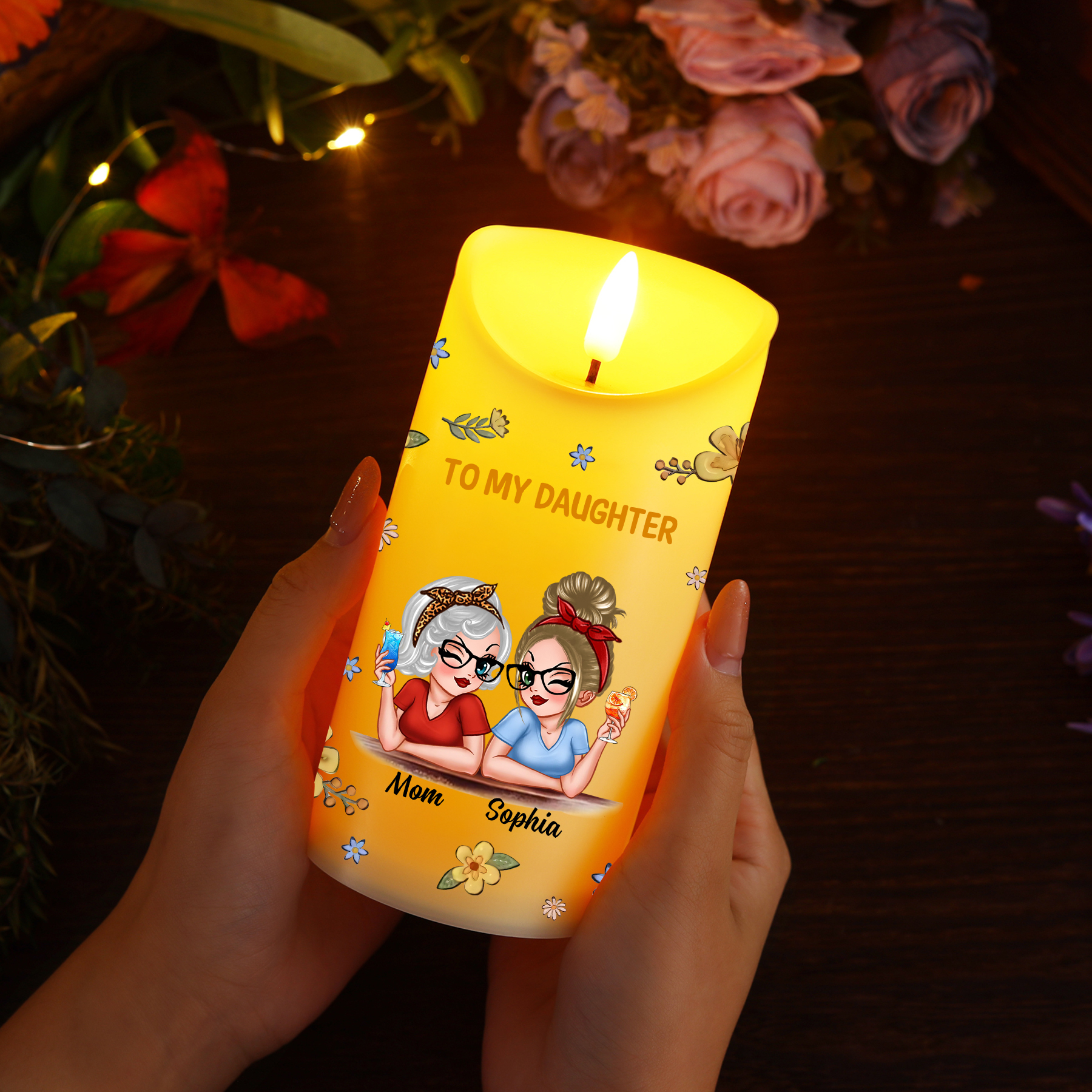 Personalized LED Candle from Mom to Daughter – Custom Names with Heartfelt Message | Lorajewel
