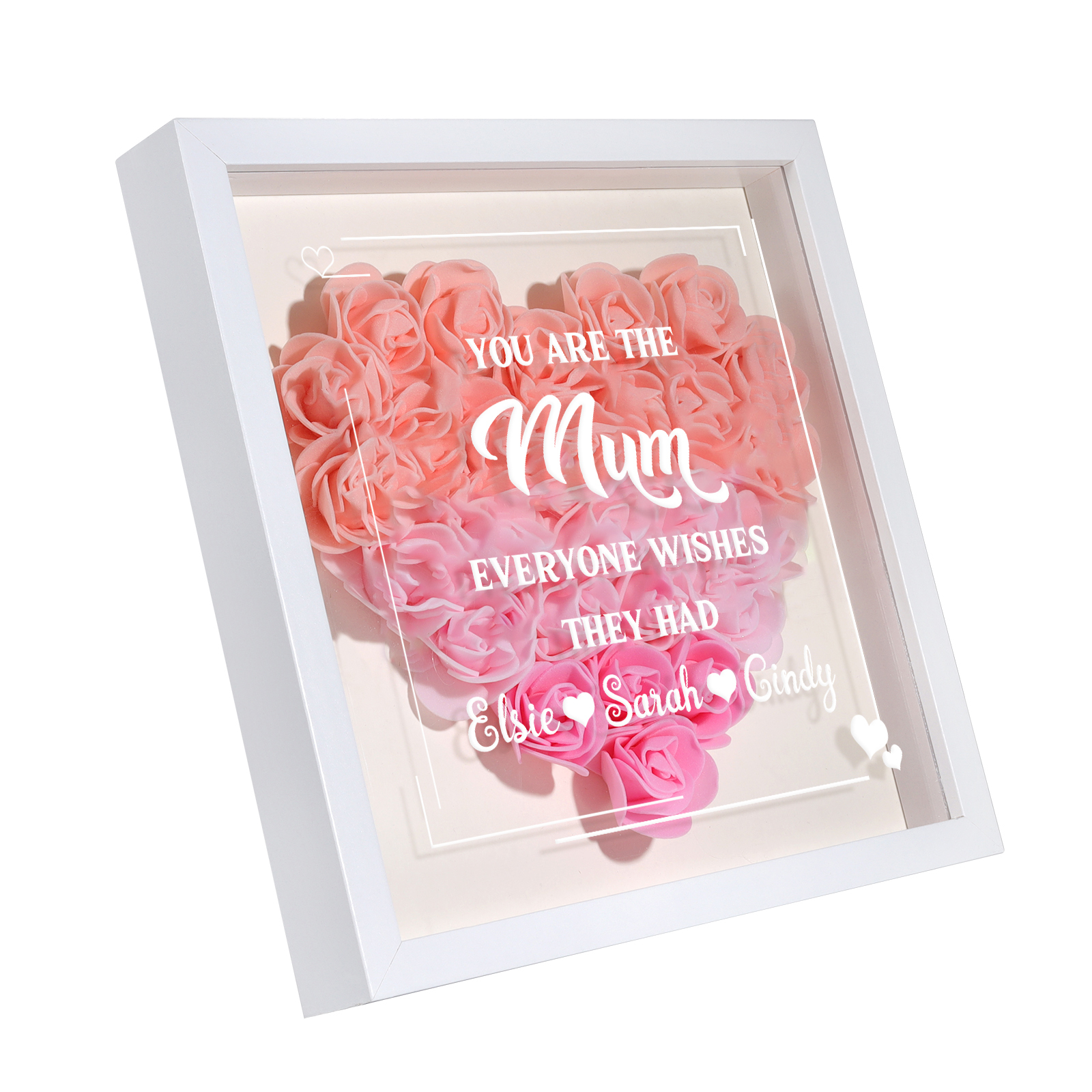 Personalized 1 Nickname & 3 Names Heart-Shaped Rose Shadow Box Frame – Custom Gift for Mom, Grandma & Loved Ones| Jessemade