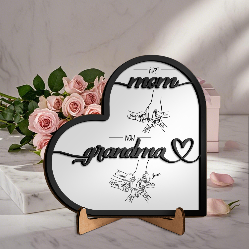 Personalized “First Mom, Now Grandma” Wooden Heart Sign – Custom Names Plaque for Mother’s Day | Lorajewel