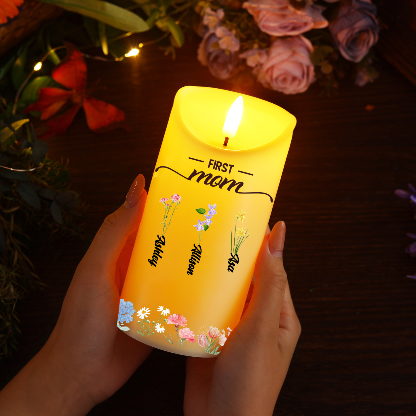 Custom Birth Flower LED Candle – Personalized Gift for Mom or Grandma with Kids’ Names | Lorajewel