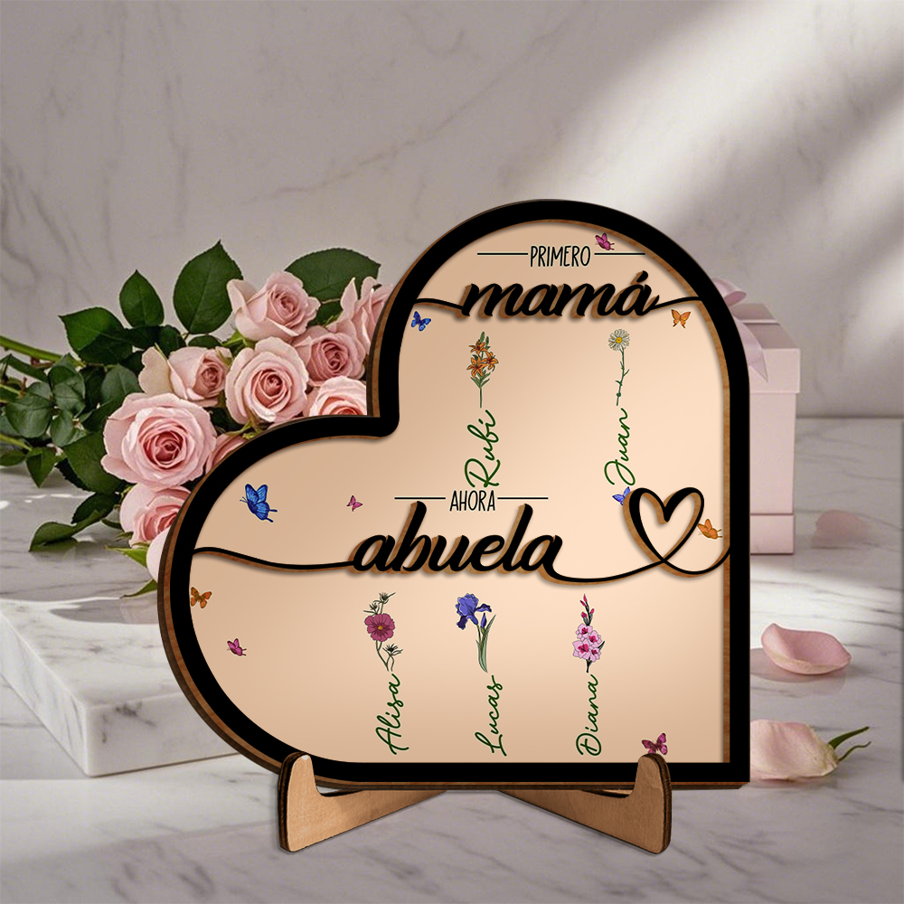 A mi abuela-Decoración de madera en corazón 2-12 nombres y flores de nacimiento personalizados | Jessemade