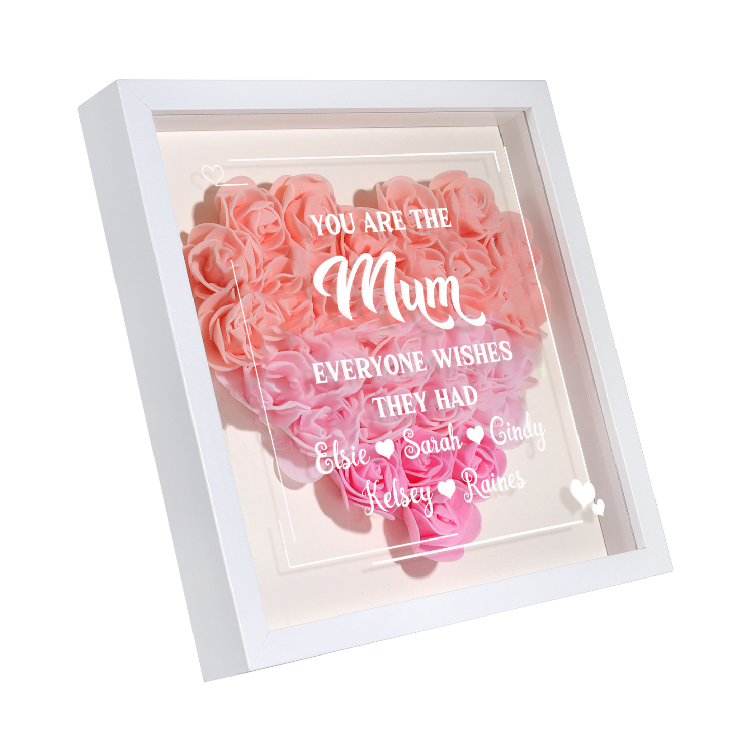 Personalized 1 Nickname & 5 Names Heart-Shaped Rose Shadow Box Frame – Custom Gift for Mom, Grandma & Loved Ones| Jessemade