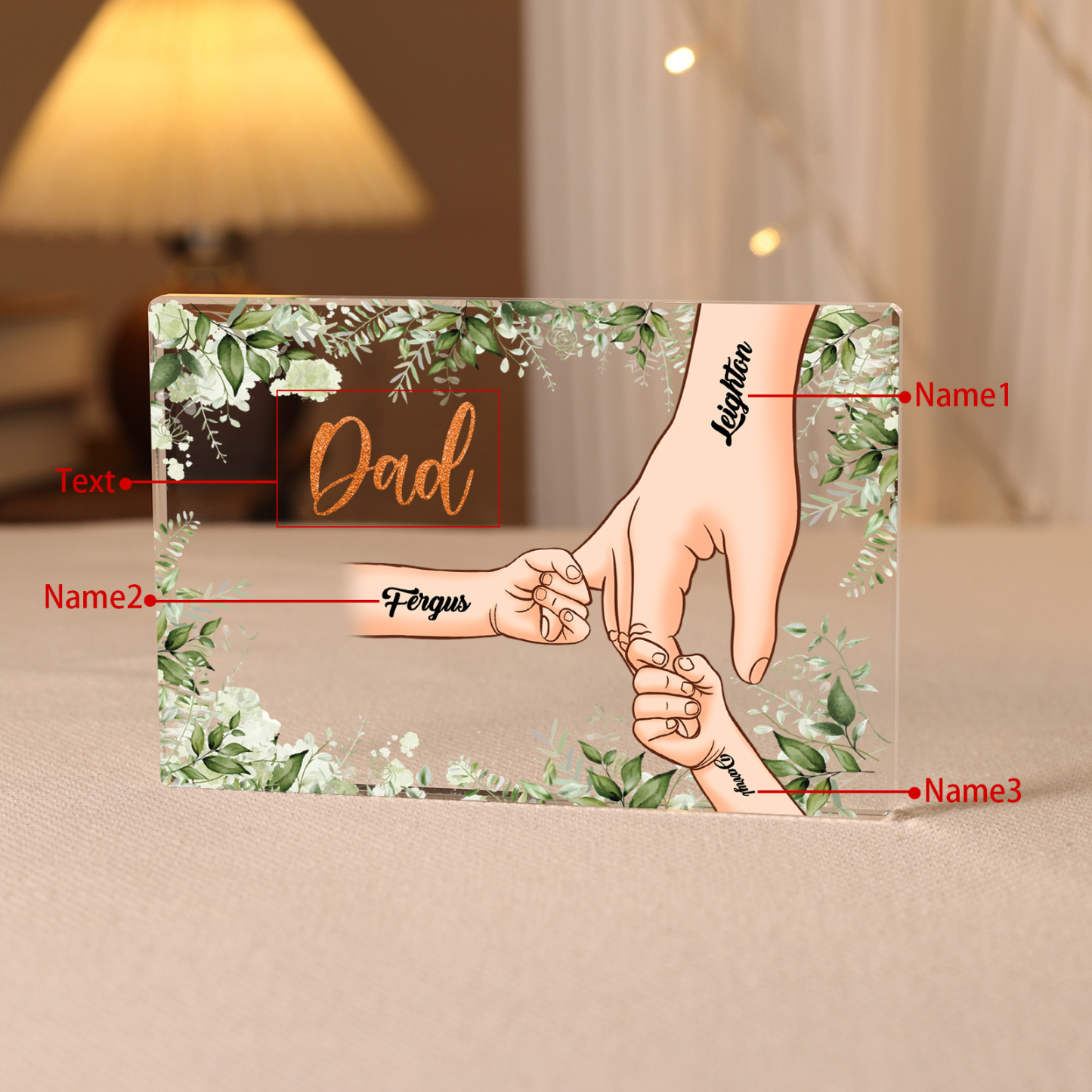 3 Names & 1 Text Personalised Acrylic Plaque for Dad - Custom Holding Hands Style | Lorajewel