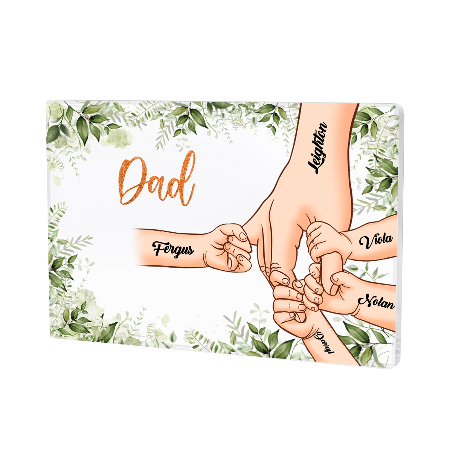 5 Names & 1 Text Personalised Acrylic Plaque for Dad - Custom Holding Hands Style | Lorajewel