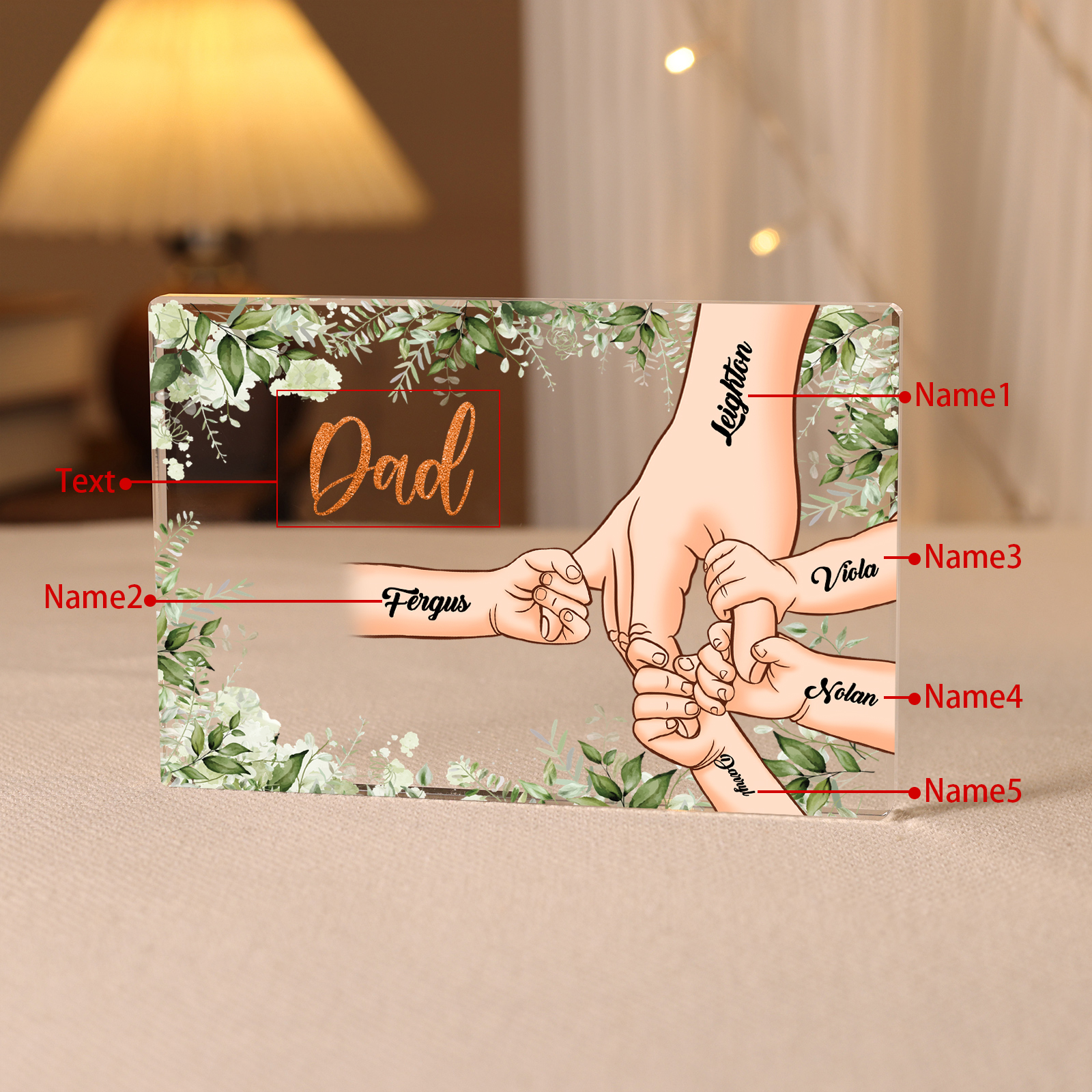 5 Names & 1 Text Personalised Acrylic Plaque for Dad - Custom Holding Hands Style | Lorajewel