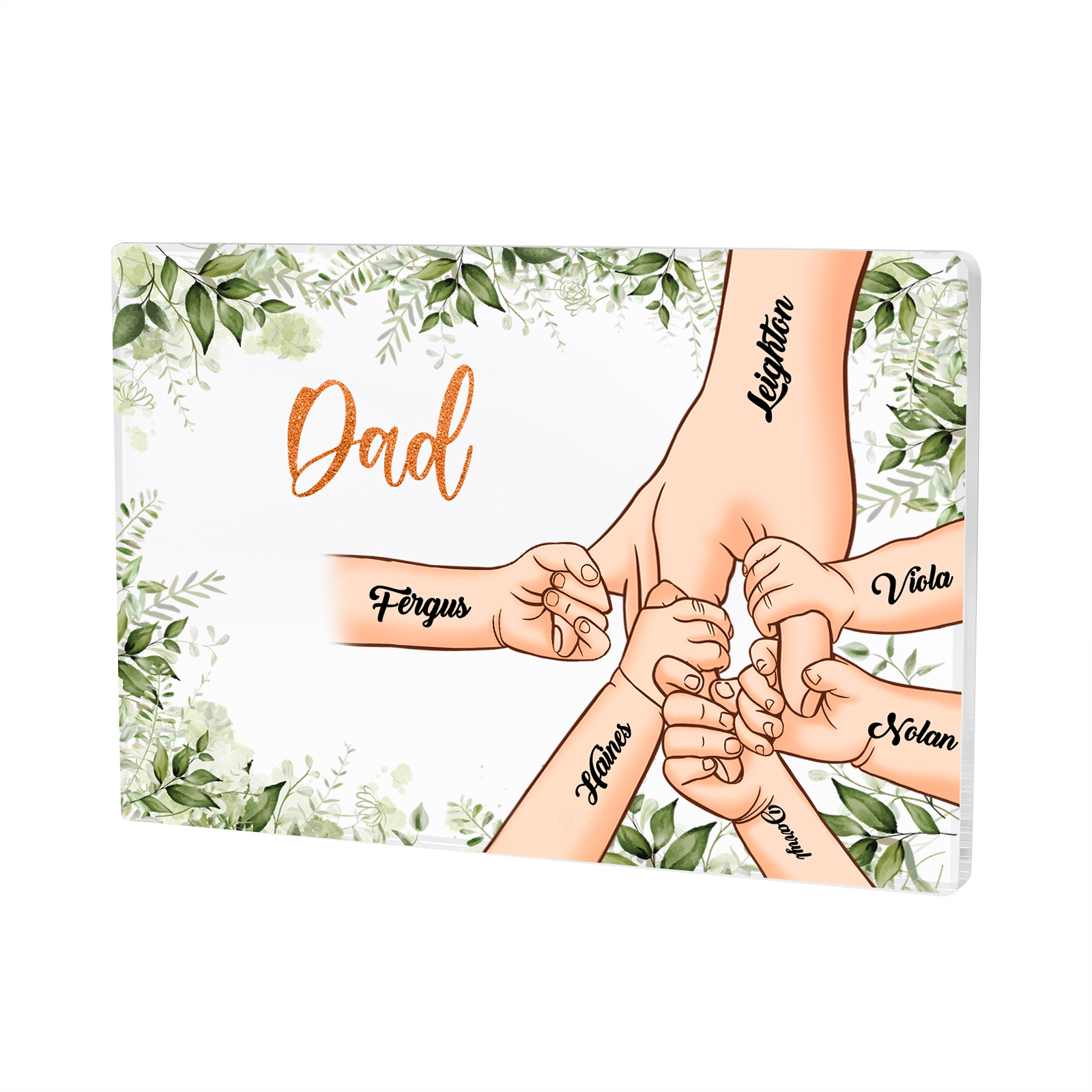 6 Names & 1 Text Personalised Acrylic Plaque for Dad - Custom Holding Hands Style | Lorajewel