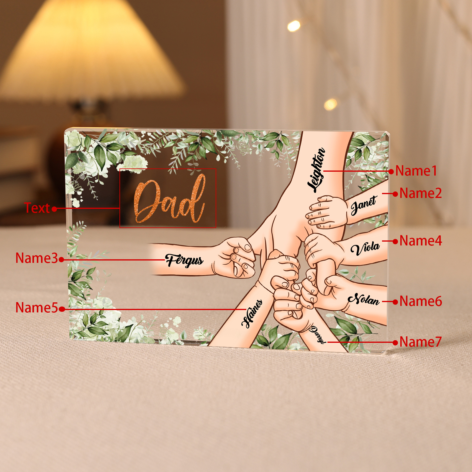 7 Names & 1 Text Personalised Acrylic Plaque for Dad - Custom Holding Hands Style | Lorajewel
