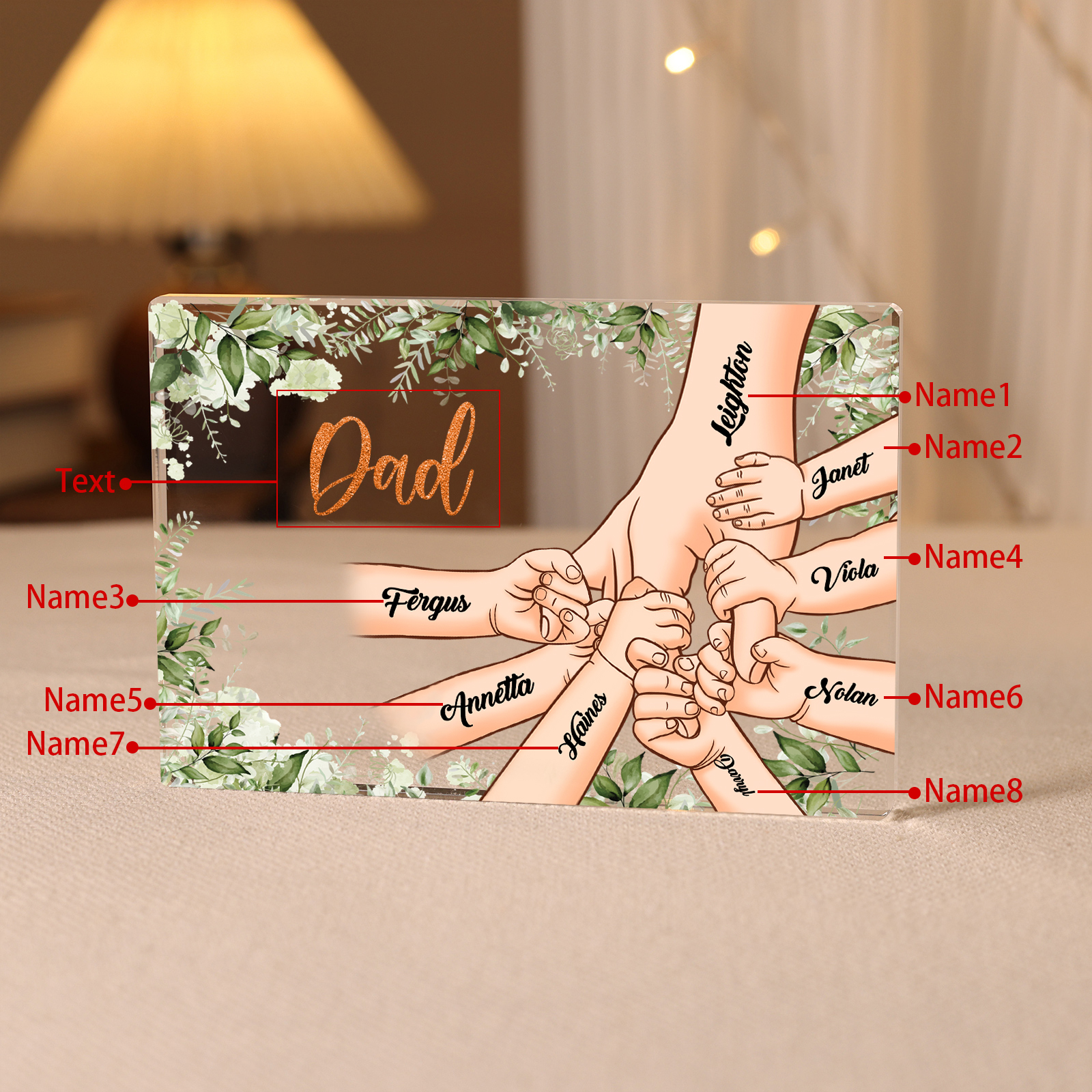 8 Names & 1 Text Personalised Acrylic Plaque for Dad - Custom Holding Hands Style | Lorajewel
