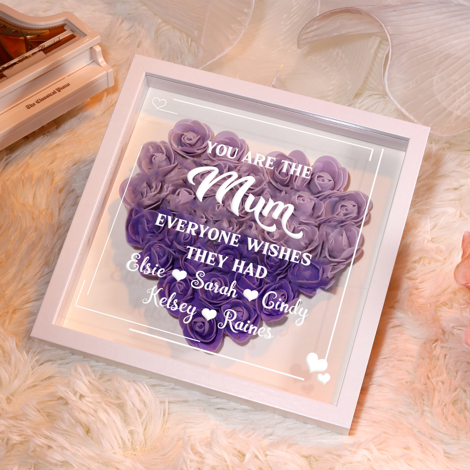Personalized 1 Nickname & 5 Names Heart-Shaped Rose Shadow Box Frame – Custom Gift for Mom, Grandma & Loved Ones| Jessemade
