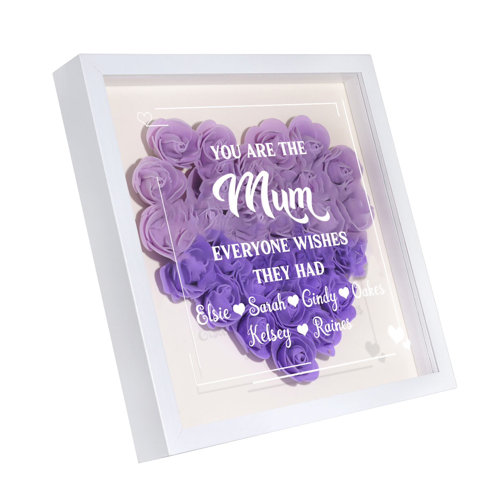 Personalized 1 Nickname & 6 Names Heart-Shaped Rose Shadow Box Frame – Custom Gift for Mom, Grandma & Loved Ones| Jessemade