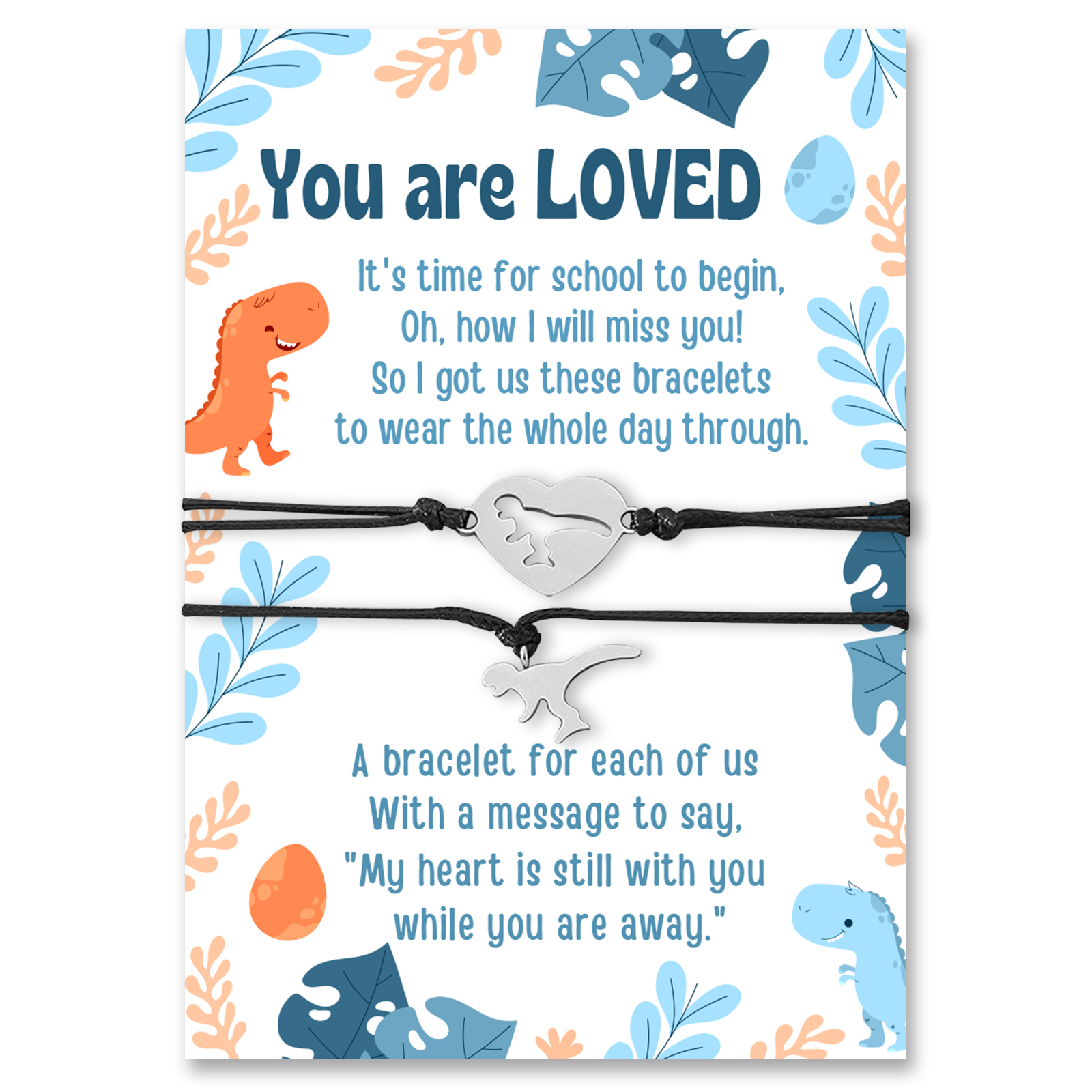 2 Pcs Dinosaur Bracelet Set with Gift Card "You Are Loved" Adjustable Bracelet Back to School Gifts for Kids