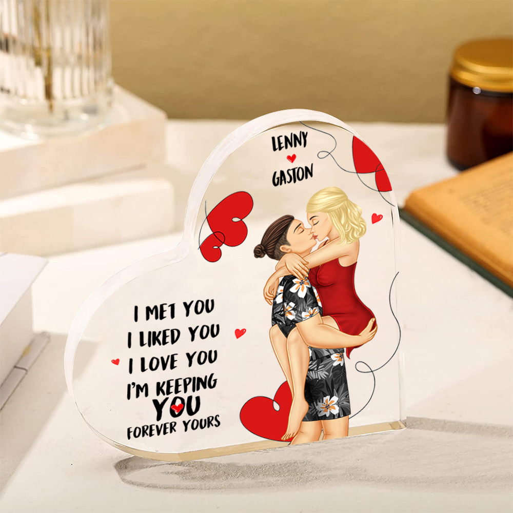 Doll Couple Kissing Personalized Heart Shaped Acrylic Plaque with 2 Names Romantic Gift For Him and Her