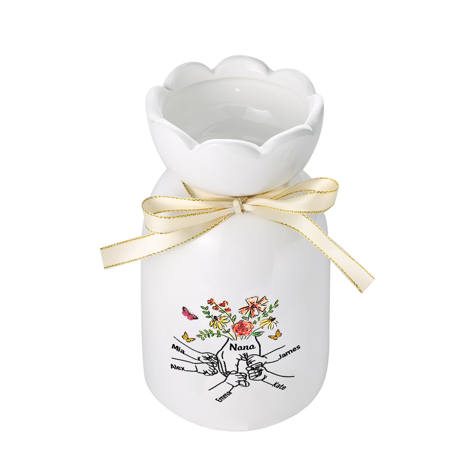 Personalized Ceramic Jug with Flowers & Names – “Mom” Holding Hands Floral Design | Lorajewel