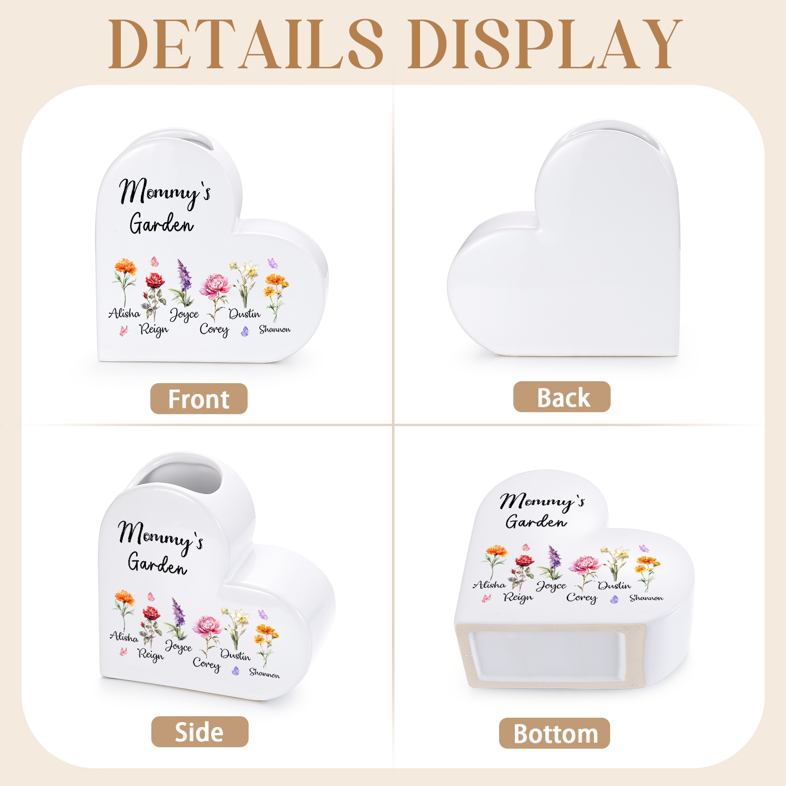 Personalized Ceramic Heart Vase with 1 to 12 Birth Flowers and Children’s Names