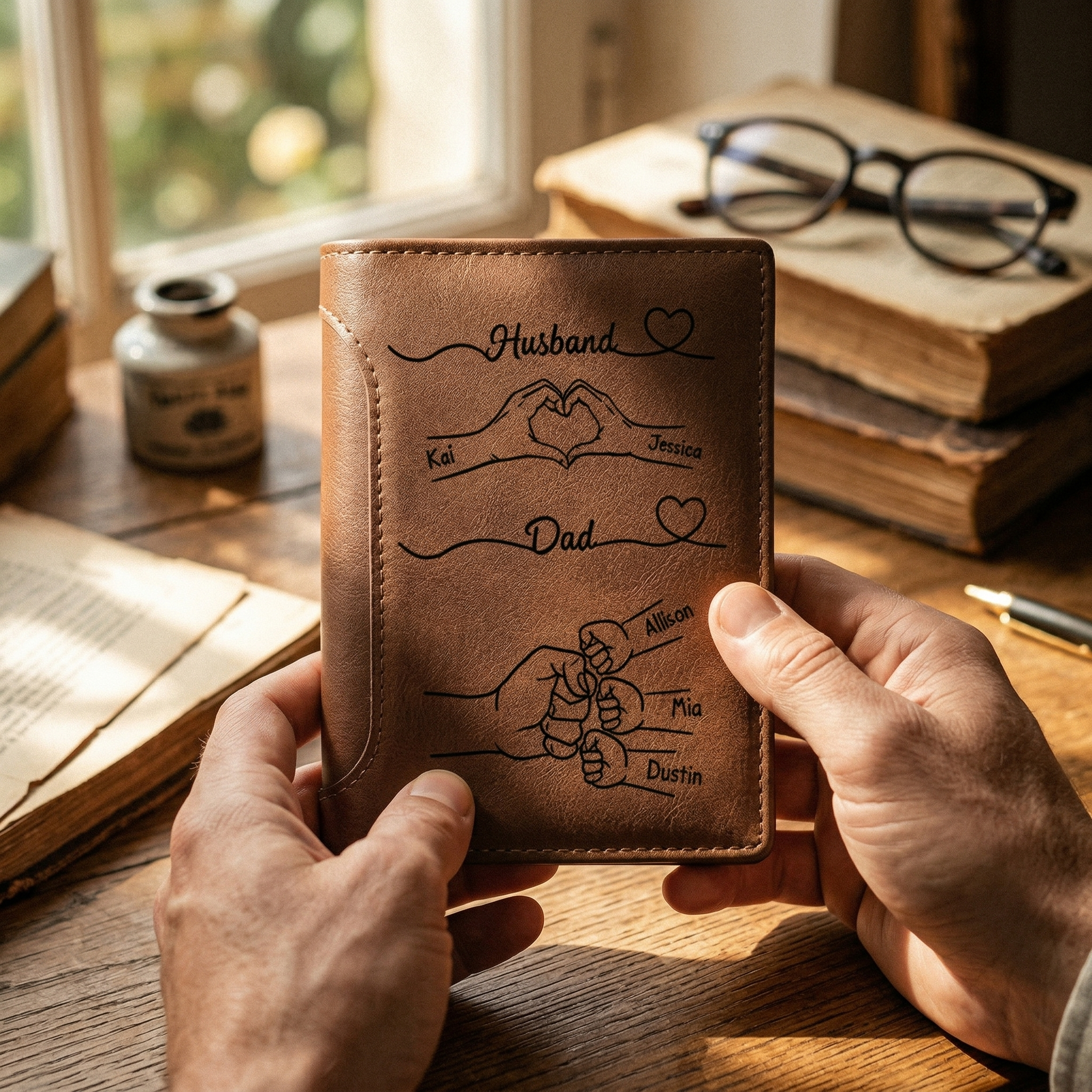 Personalized Dad Wallet with Custom 3-10 Names - “First a Husband, Then a Dad” Gift for Dad/ Husband | Lorajewel
