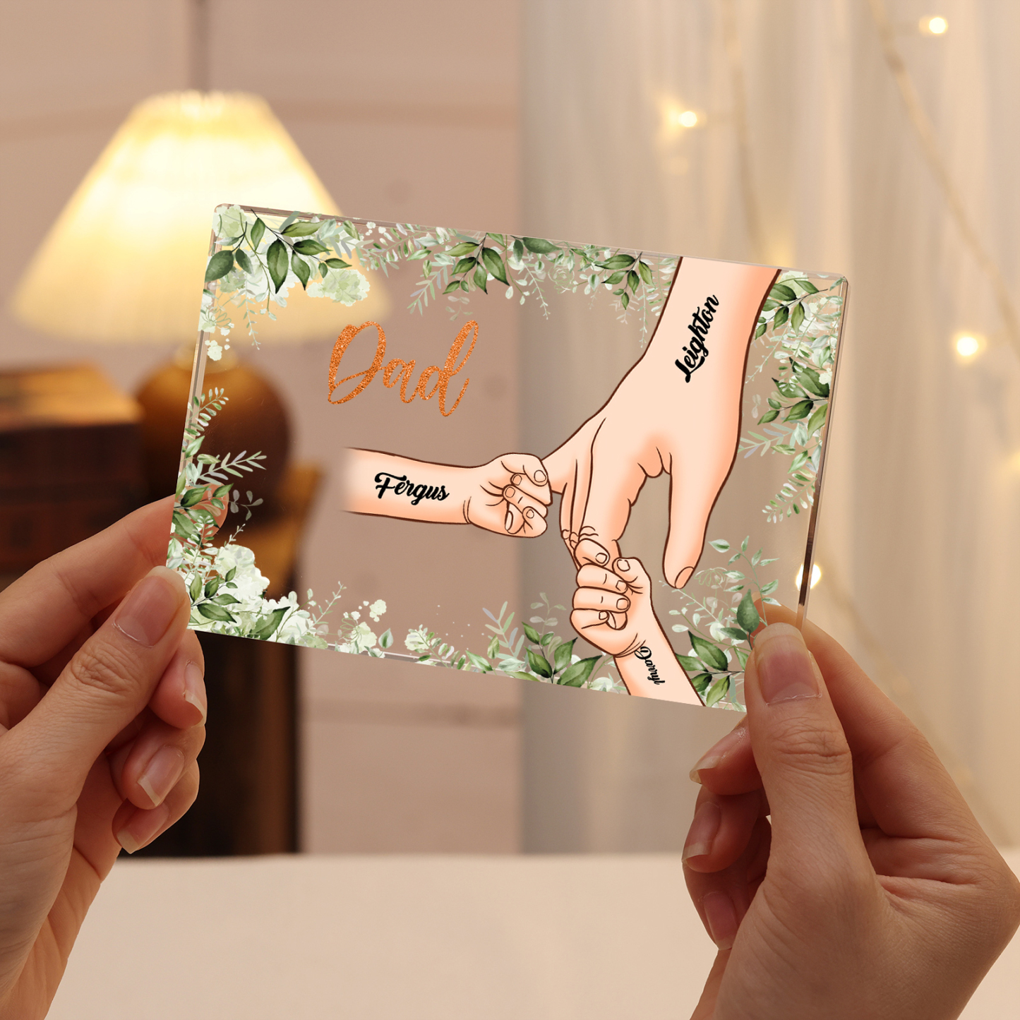 3 Names & 1 Text Personalised Acrylic Plaque for Dad - Custom Holding Hands Style | Lorajewel