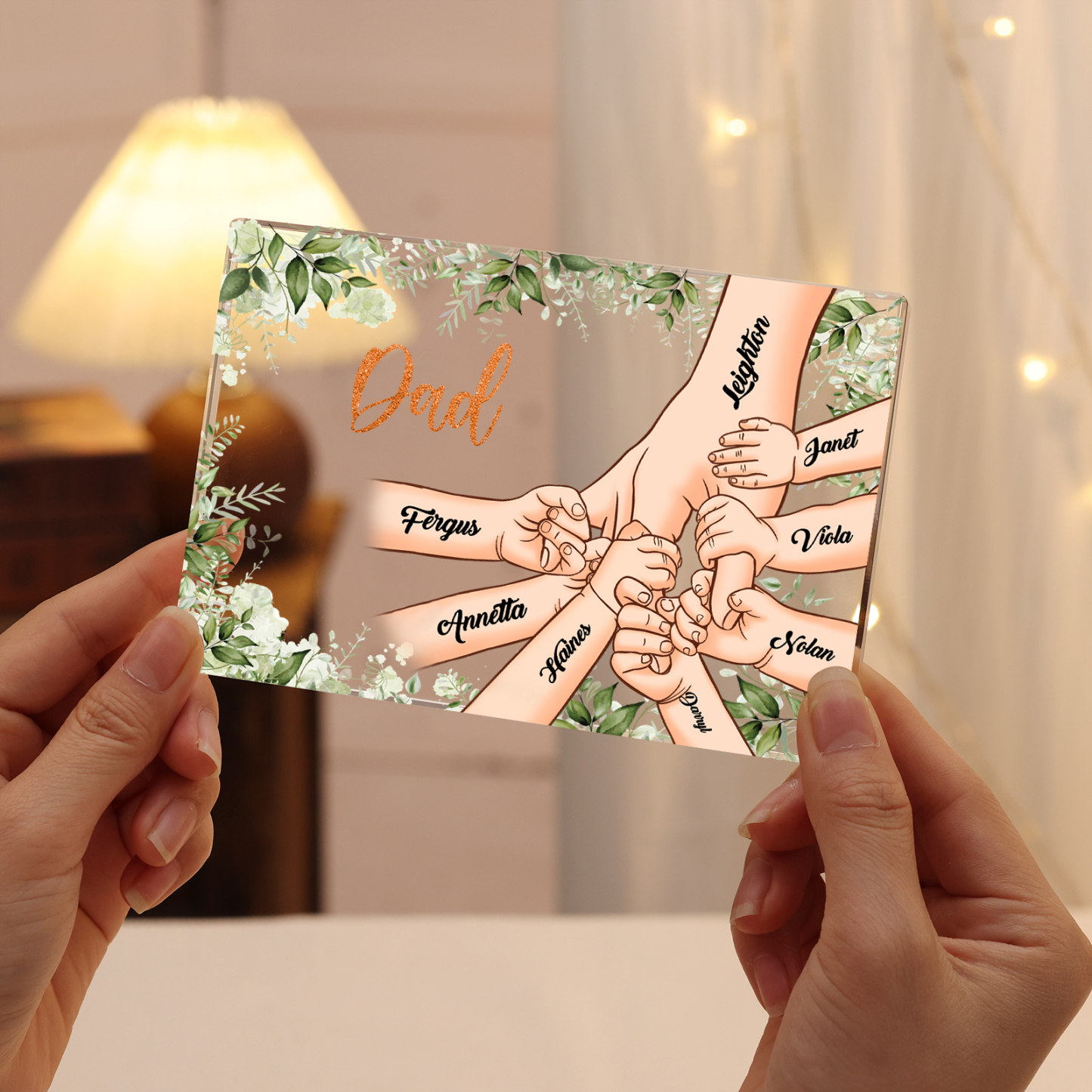 8 Names & 1 Text Personalised Acrylic Plaque for Dad - Custom Holding Hands Style | Lorajewel