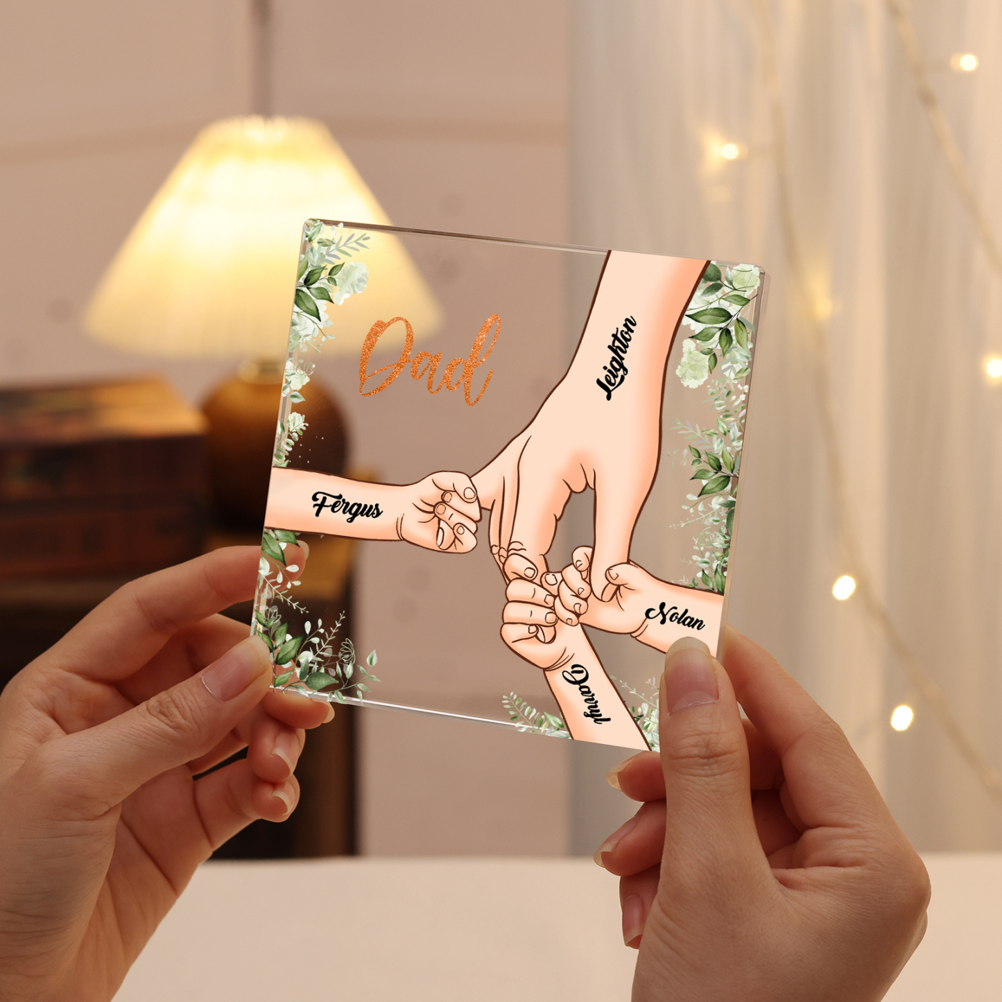 4 Names & 1 Text Personalized Acrylic Plaque for Dad - Custom Holding Hands Father's Day Gift | Lorajewel