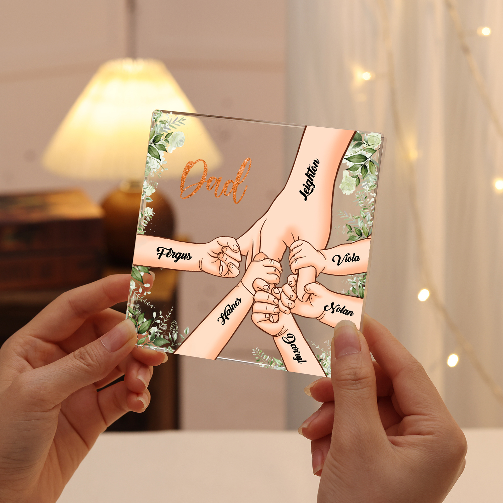 6 Names & 1 Text Personalized Acrylic Plaque for Dad - Custom Holding Hands Father's Day Gift | Lorajewel