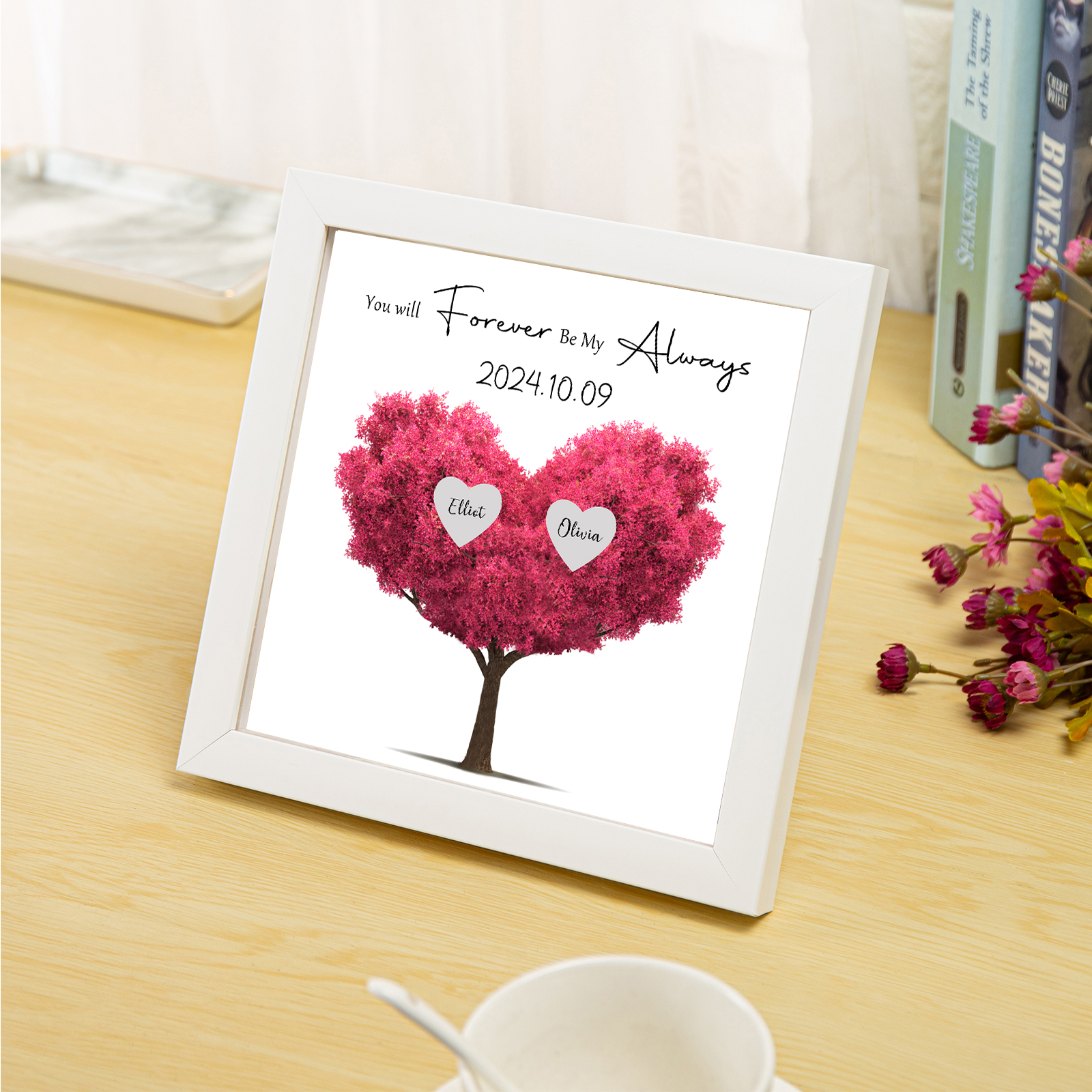 Personalized Pink Heart Tree Frame with Names & Date Forever Love Gift for Couples