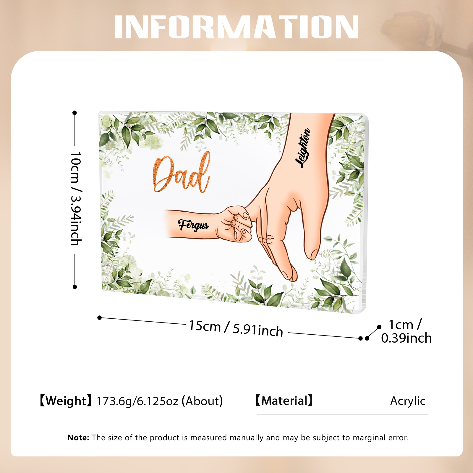 2 Names Personalised Acrylic Plaque for Dad - Custom Holding Hands Style | Lorajewel