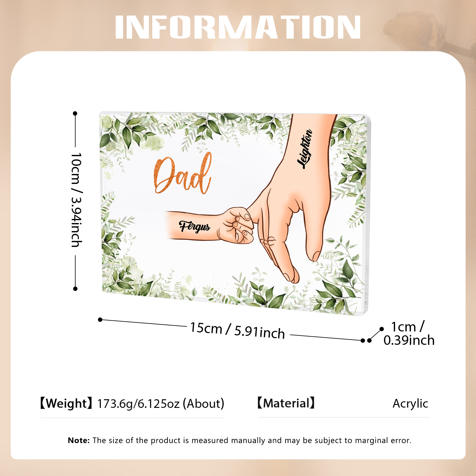 2 Names Personalised Acrylic Plaque for Dad - Custom Holding Hands Style | Lorajewel