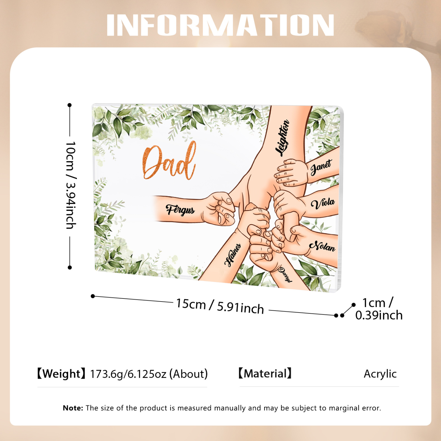 7 Names & 1 Text Personalised Acrylic Plaque for Dad - Custom Holding Hands Style | Lorajewel