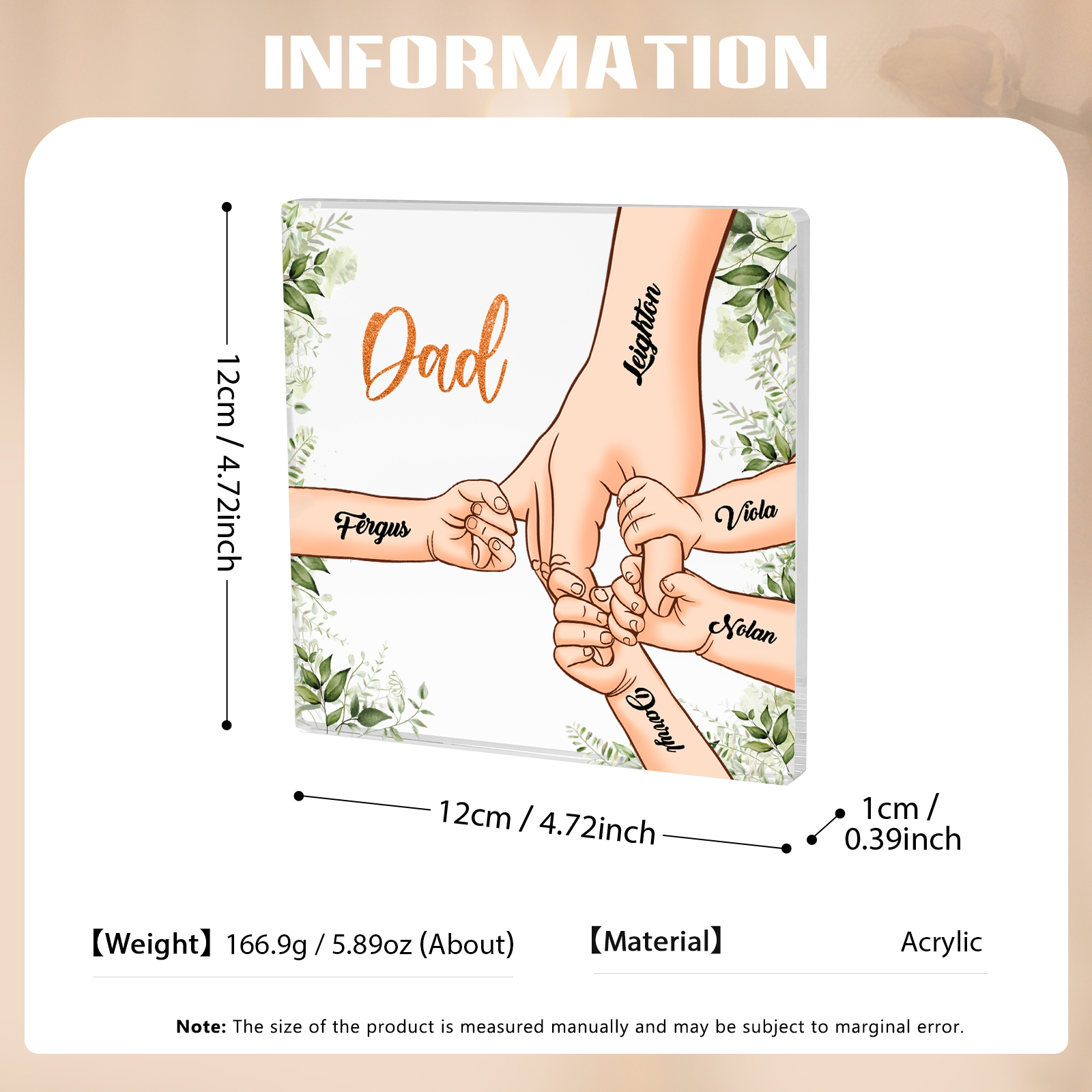 5 Names & 1 Text Personalized Acrylic Plaque for Dad - Custom Holding Hands Father's Day Gift | Lorajewel