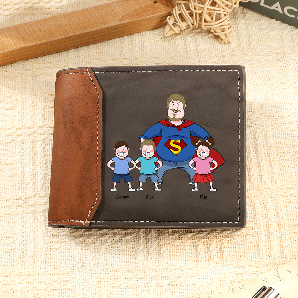 1-4 Names Personalized Dad Wallet with Cartoon Illustrations – Superman Wallet Father's Day Gift for Dad | Lorajewel
