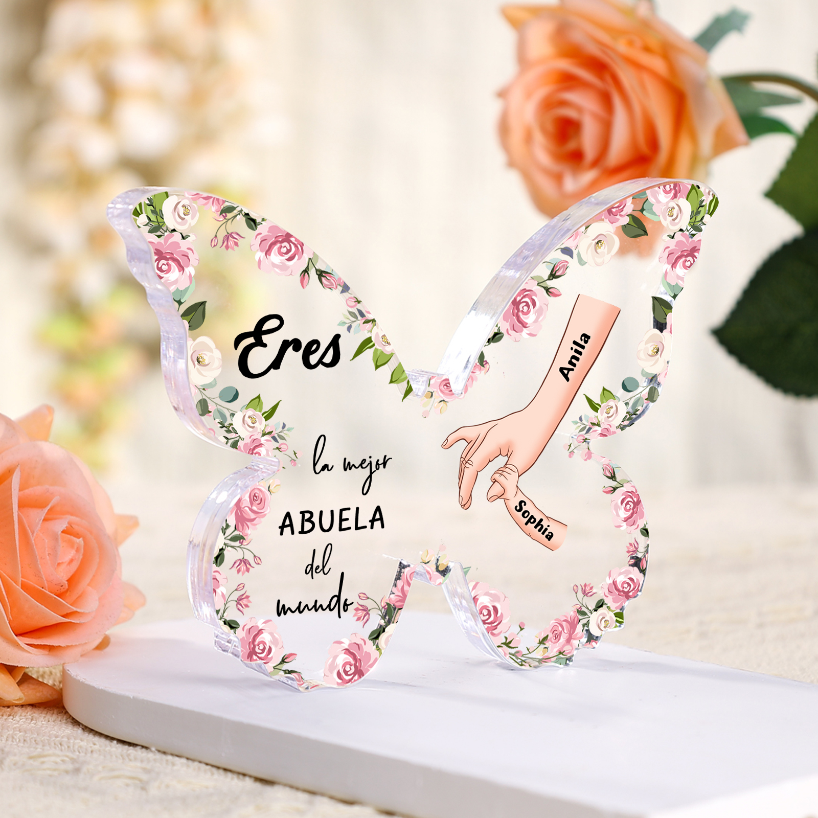 A mi abuela-Placa de acrílico mano con mano en forma de mariposa 2 nombres personalizados | Jessemade