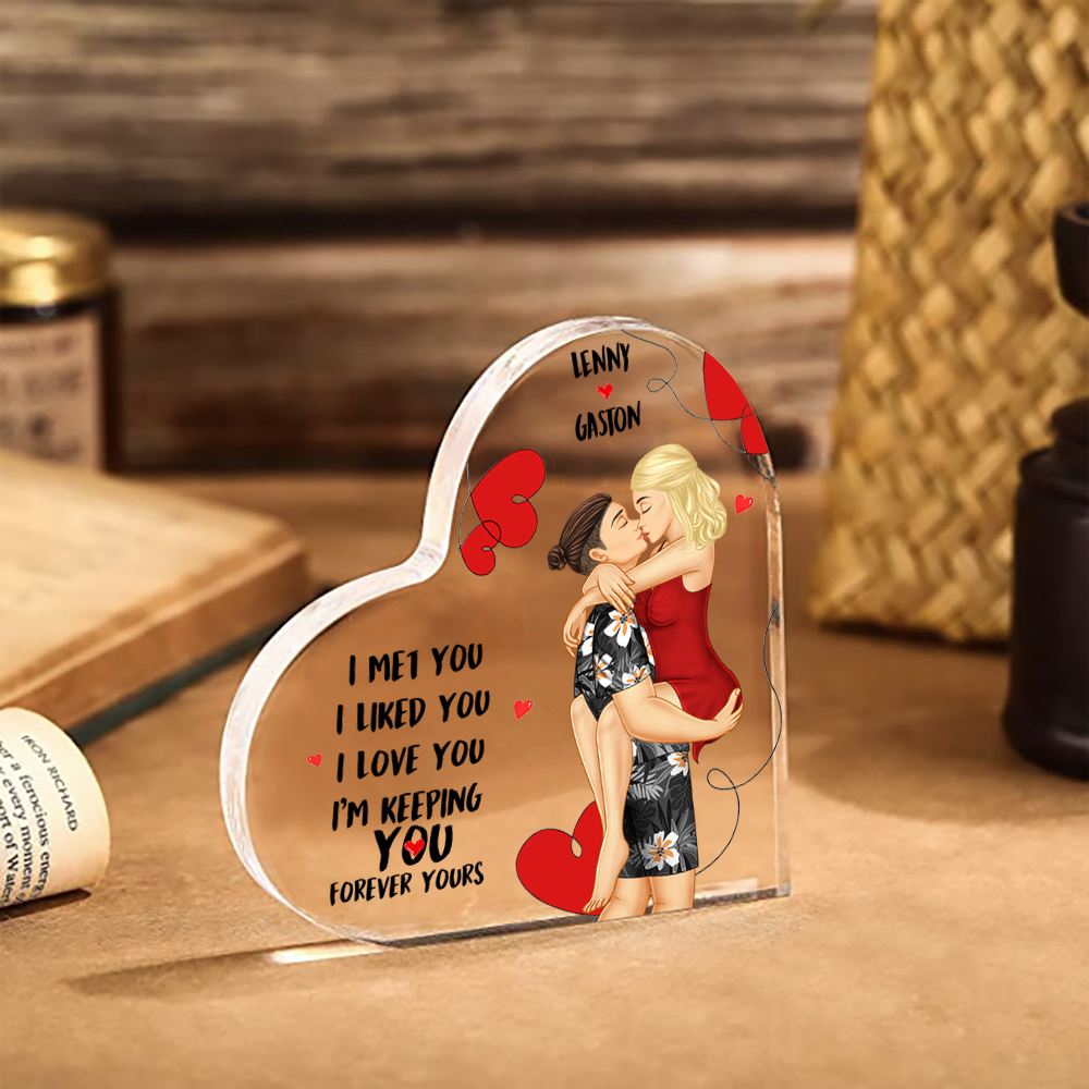 Doll Couple Kissing Personalized Heart Shaped Acrylic Plaque with 2 Names Romantic Gift For Him and Her