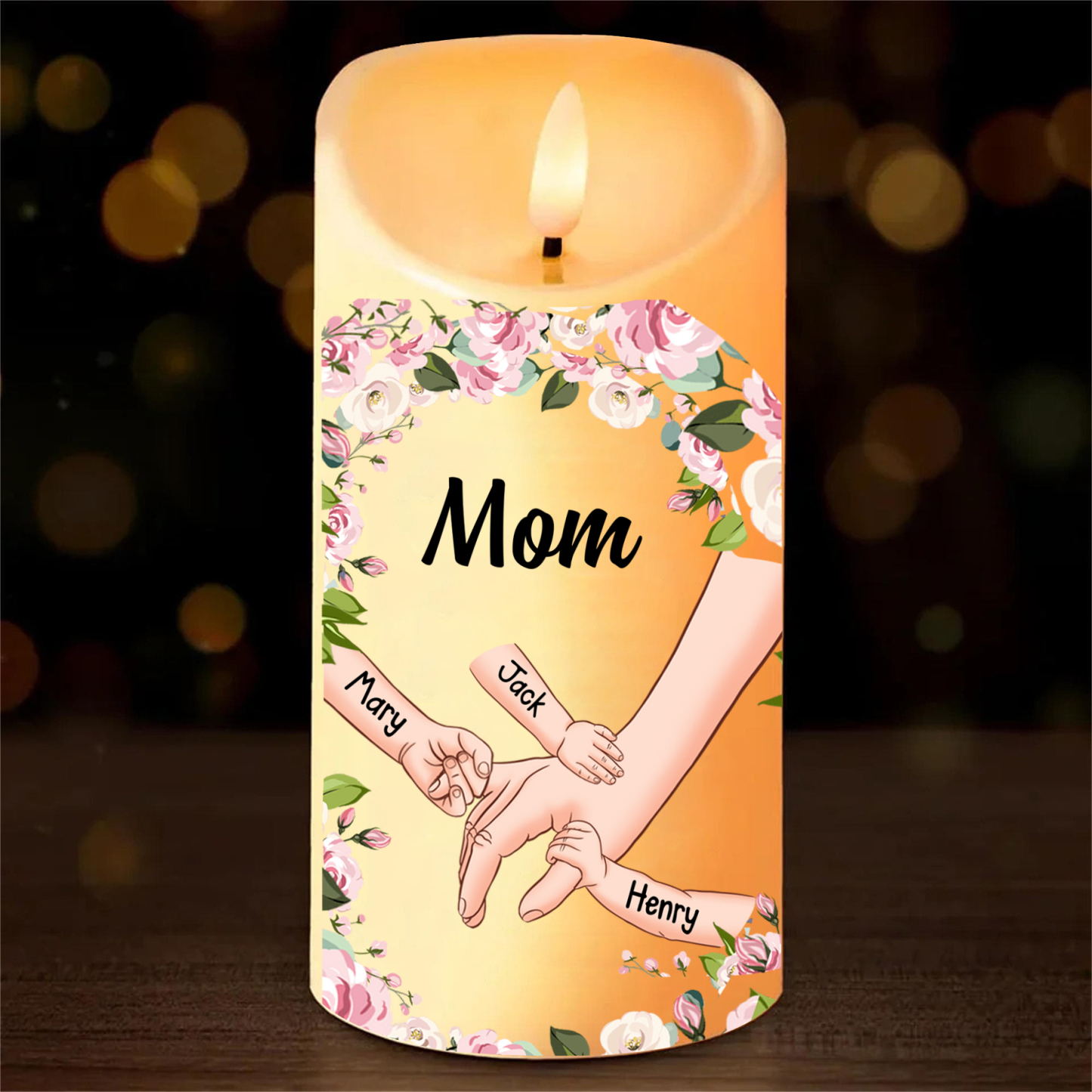 Personalized LED Candle, Custom 1-6 Names with Floral Design Gift for Her | Lorajewel
