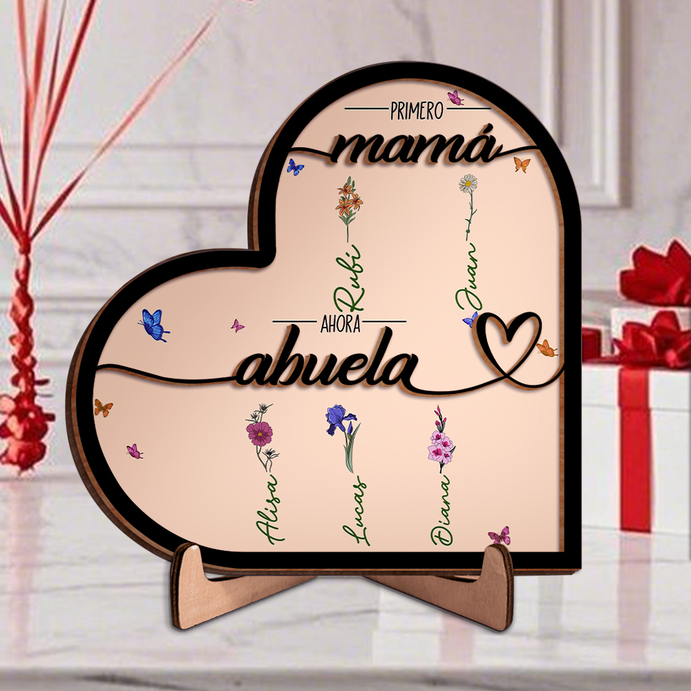 A mi abuela-Decoración de madera en corazón 2-12 nombres y flores de nacimiento personalizados | Jessemade