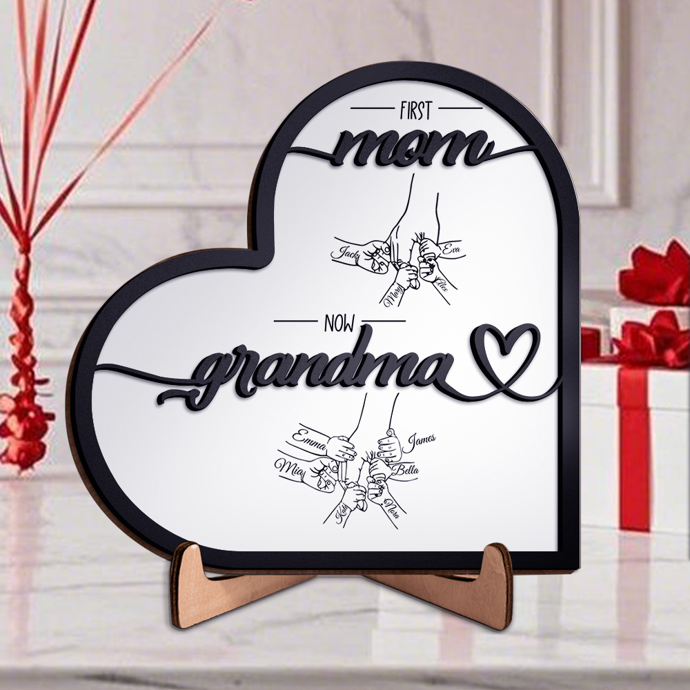 Personalized “First Mom, Now Grandma” Wooden Heart Sign – Custom Names Plaque for Mother’s Day | Lorajewel