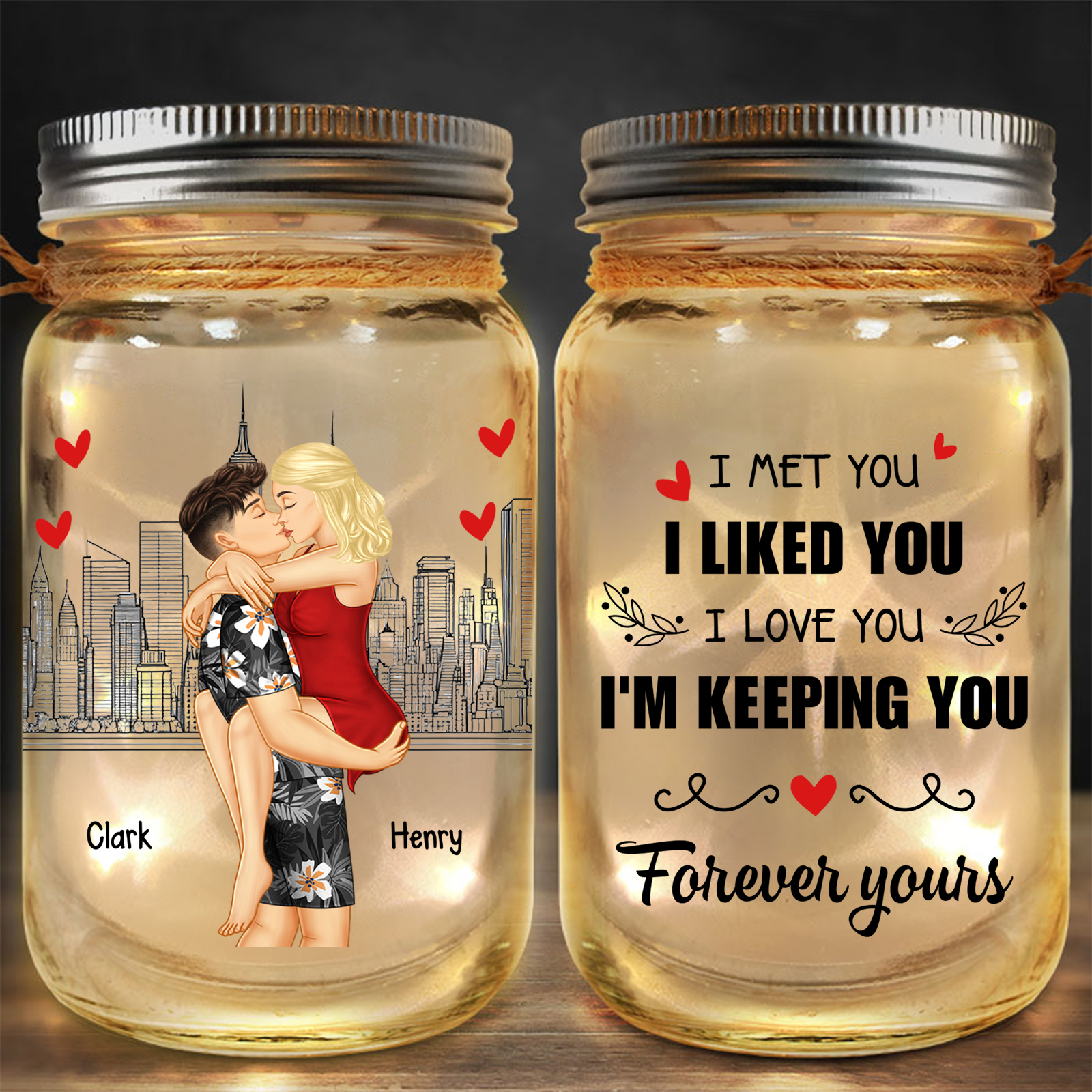 Doll Couple Kissing Personalized Mason Jar Light with 2 Names Romantic Gift for Him and Her