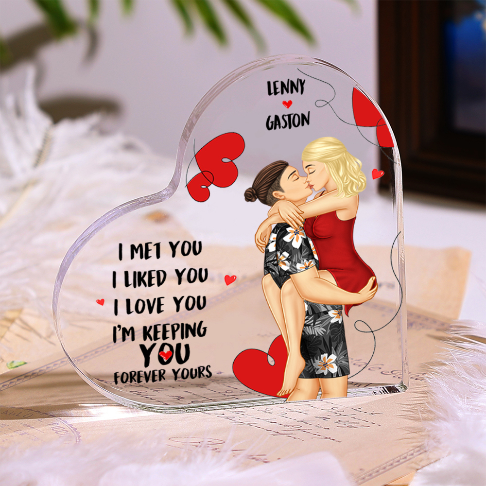 Doll Couple Kissing Personalized Heart Shaped Acrylic Plaque with 2 Names Romantic Gift For Him and Her