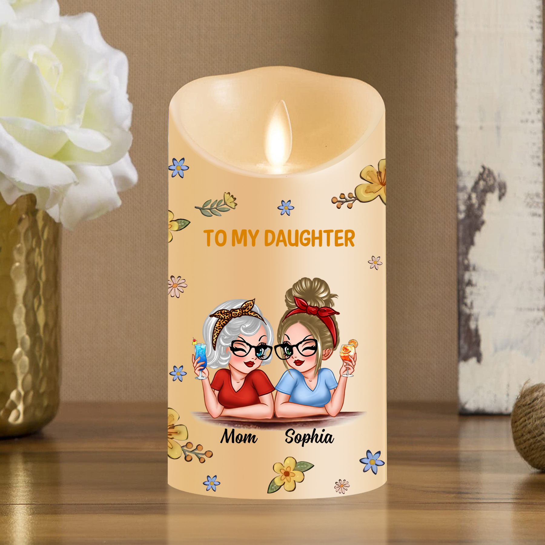 Personalized LED Candle from Mom to Daughter – Custom Names with Heartfelt Message | Lorajewel