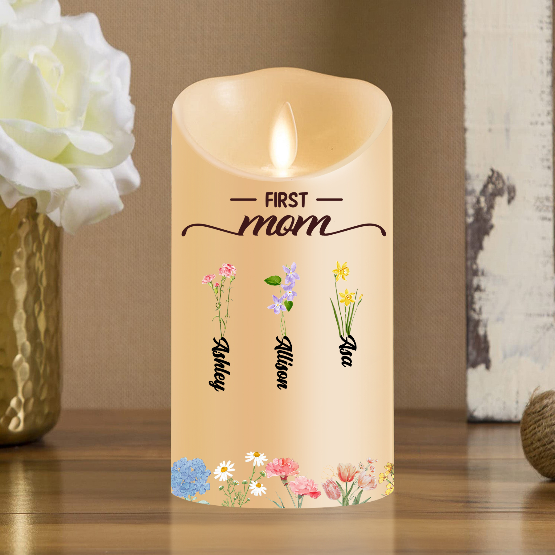 Custom Birth Flower LED Candle – Personalized Gift for Mom or Grandma with Kids’ Names | Lorajewel