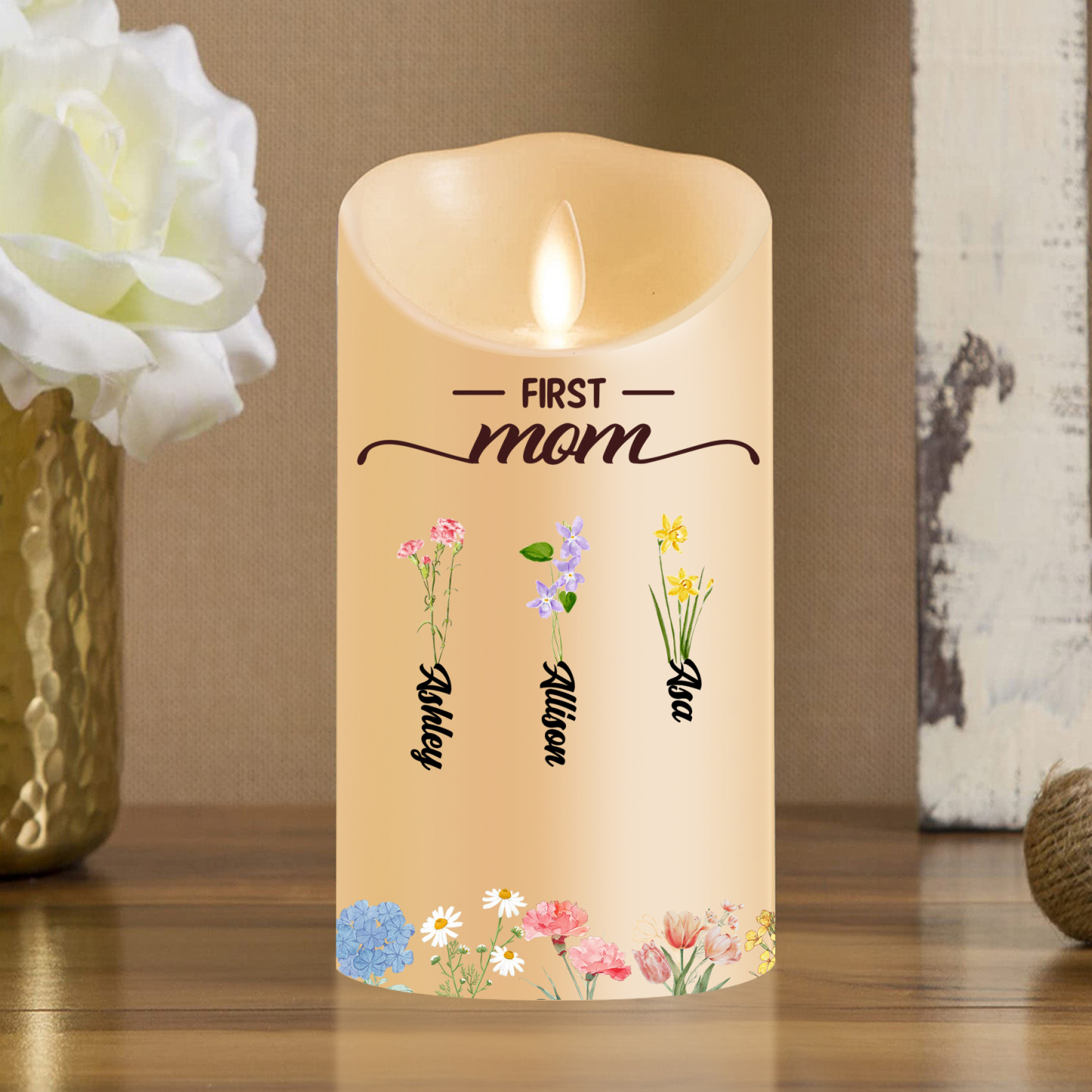 Custom Birth Flower LED Candle – Personalized Gift for Mom or Grandma with Kids’ Names | Lorajewel