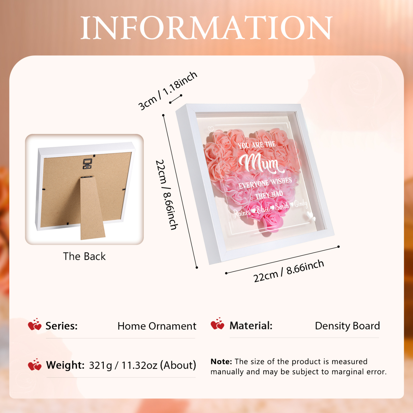 Personalized 1 Nickname & 4 Names Heart-Shaped Rose Shadow Box Frame – Custom Gift for Mom, Grandma & Loved Ones| Jessemade