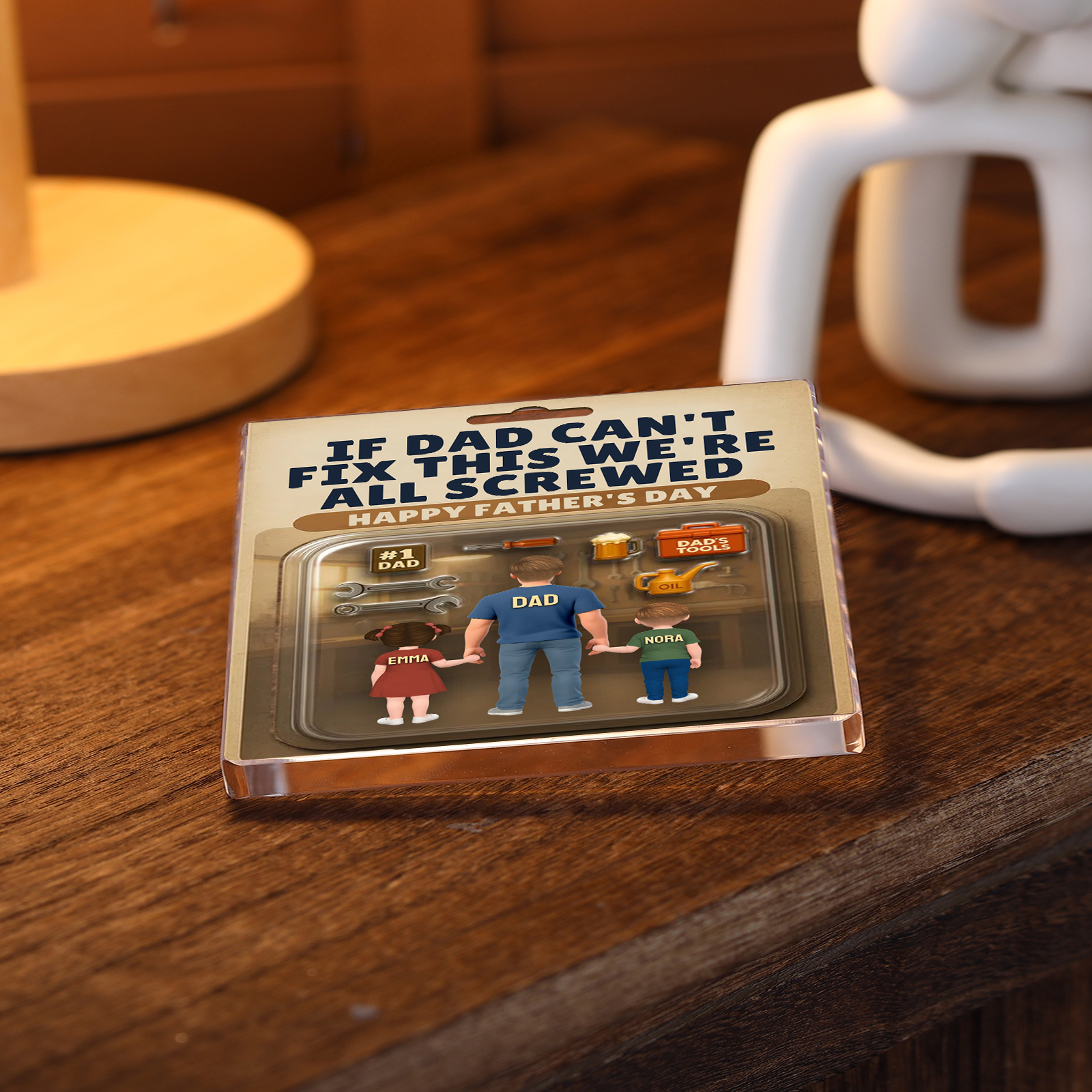 Personalized Father's Day Acrylic Plaque – "If Dad Can't Fix This We're All Screwed" – Custom Gift with Kids' Names | Lorajewel