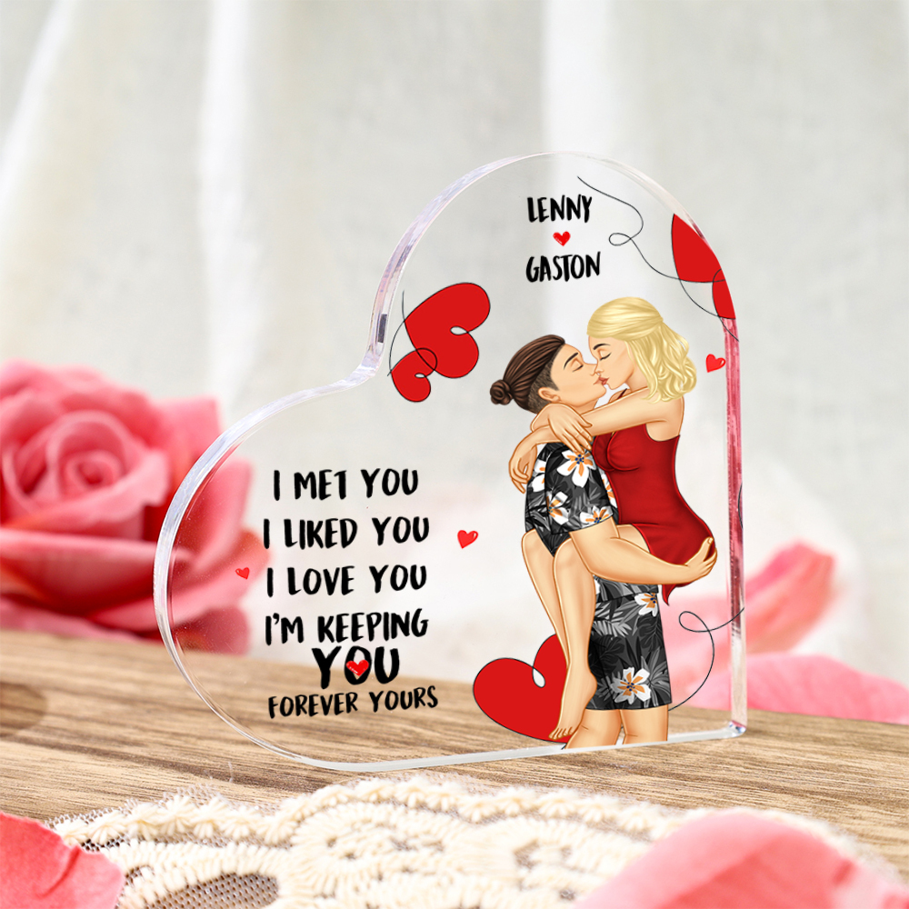 Doll Couple Kissing Personalized Heart Shaped Acrylic Plaque with 2 Names Romantic Gift For Him and Her