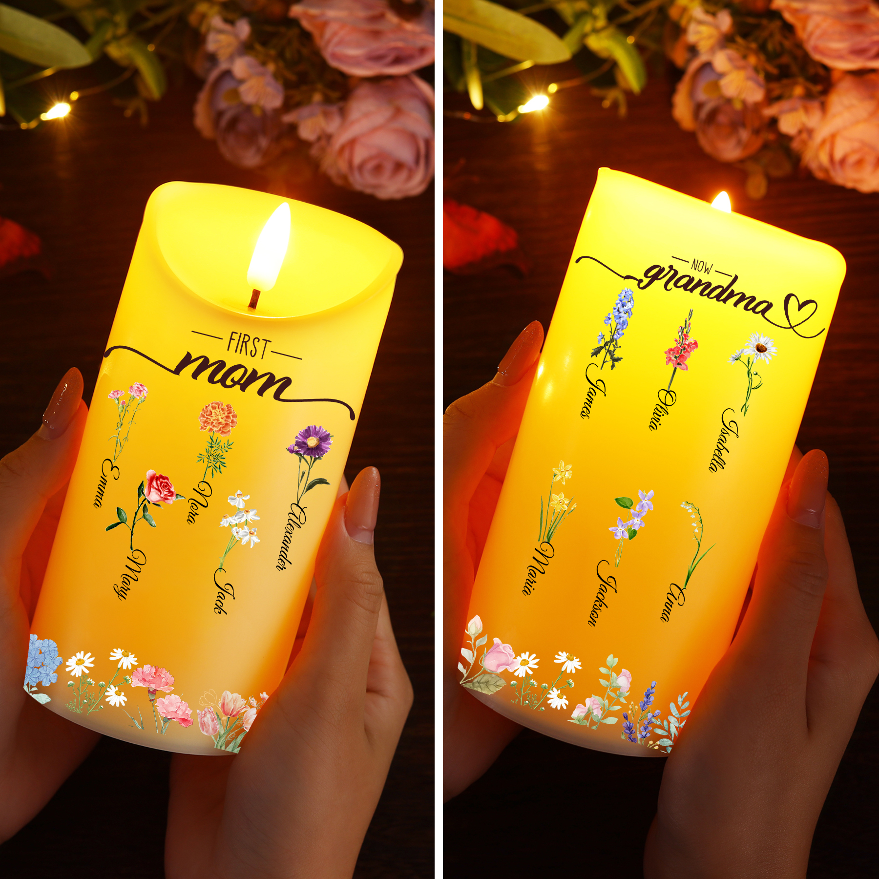Custom Birth Flower LED Candle – Personalized Gift for Mom or Grandma with Kids’ Names | Lorajewel