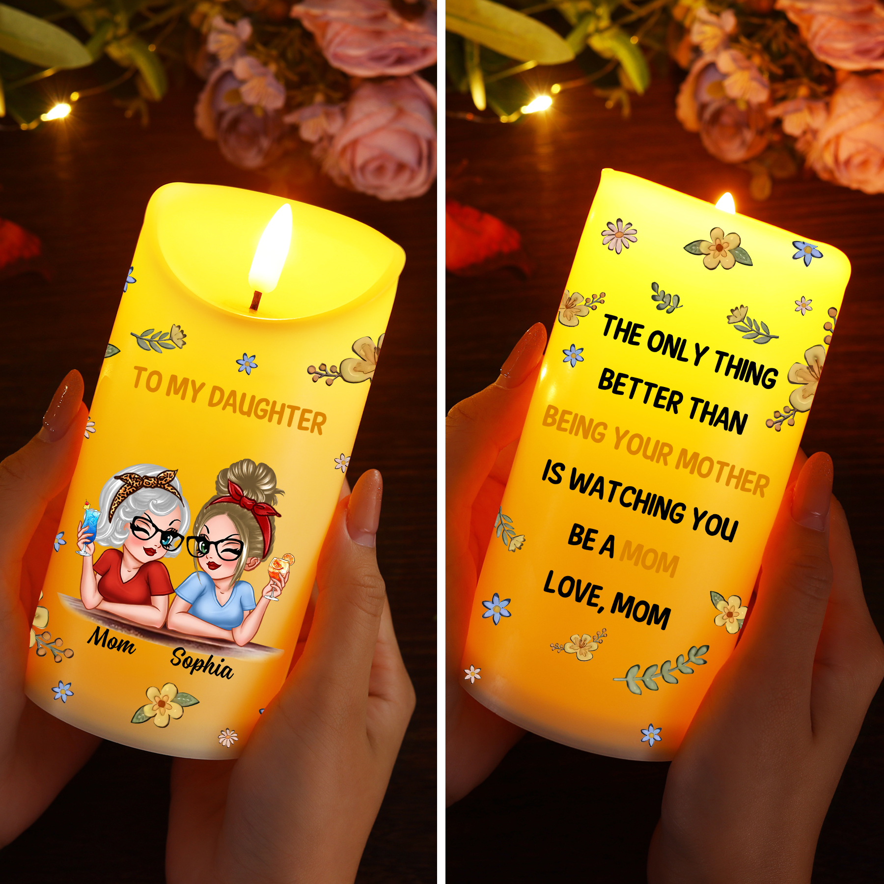 Personalized LED Candle from Mom to Daughter – Custom Names with Heartfelt Message | Lorajewel