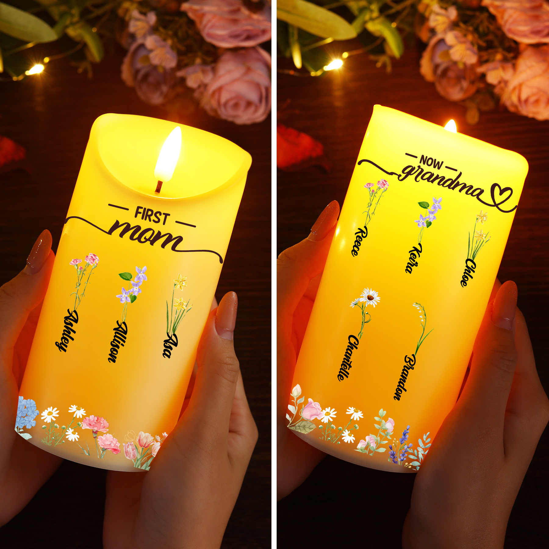 Custom Birth Flower LED Candle – Personalized Gift for Mom or Grandma with Kids’ Names | Lorajewel