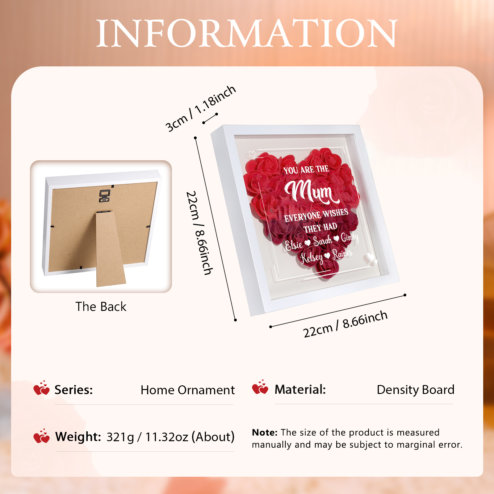 Personalized 1 Nickname & 5 Names Heart-Shaped Rose Shadow Box Frame – Custom Gift for Mom, Grandma & Loved Ones| Jessemade