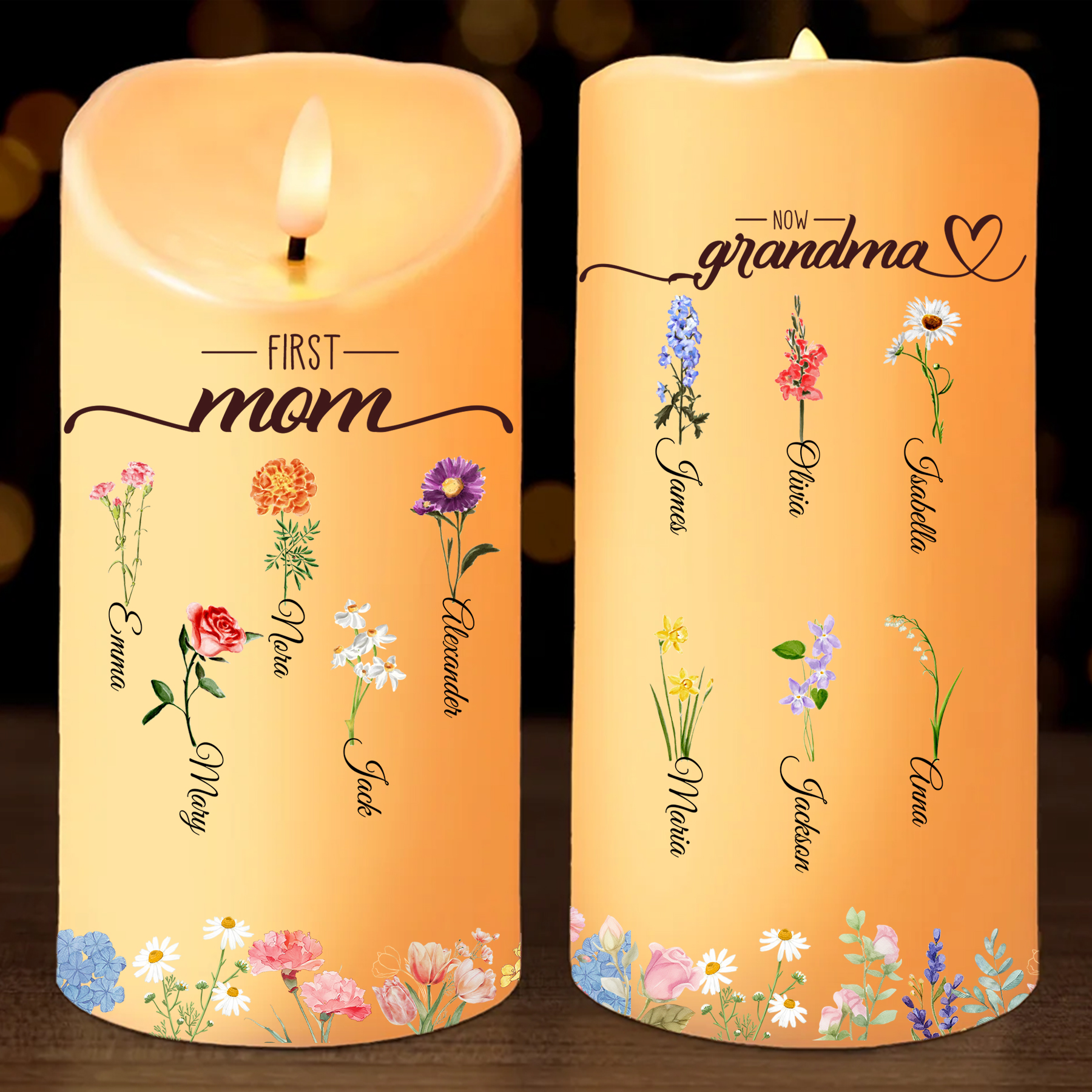 Custom Birth Flower LED Candle – Personalized Gift for Mom or Grandma with Kids’ Names | Lorajewel