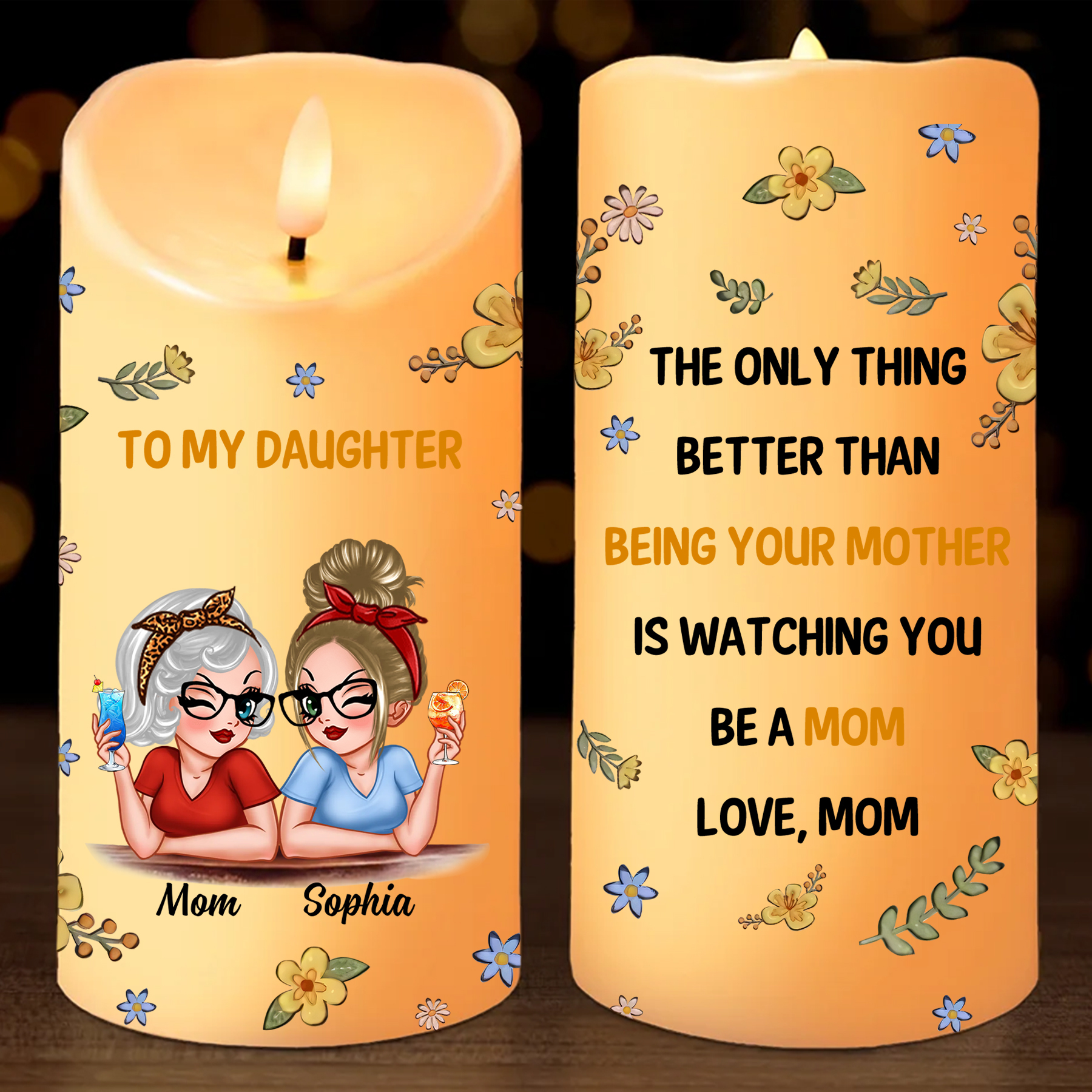 Personalized LED Candle from Mom to Daughter – Custom Names with Heart