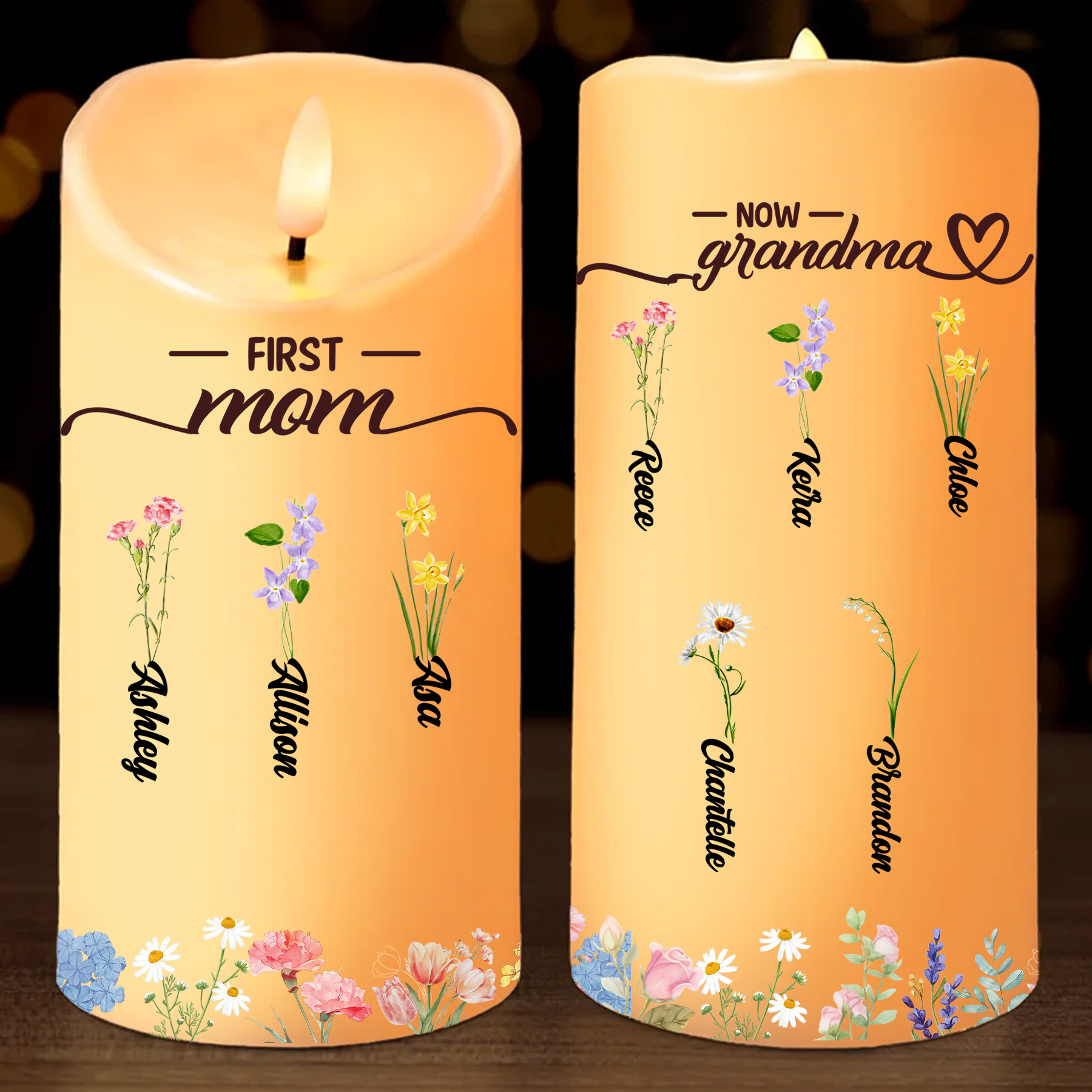 Custom Birth Flower LED Candle – Personalized Gift for Mom or Grandma with Kids’ Names | Lorajewel