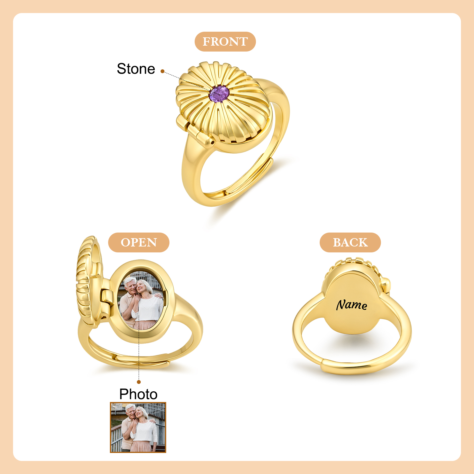 Personalized Adjustable Heart Birthstone Photo Locket Ring for Women